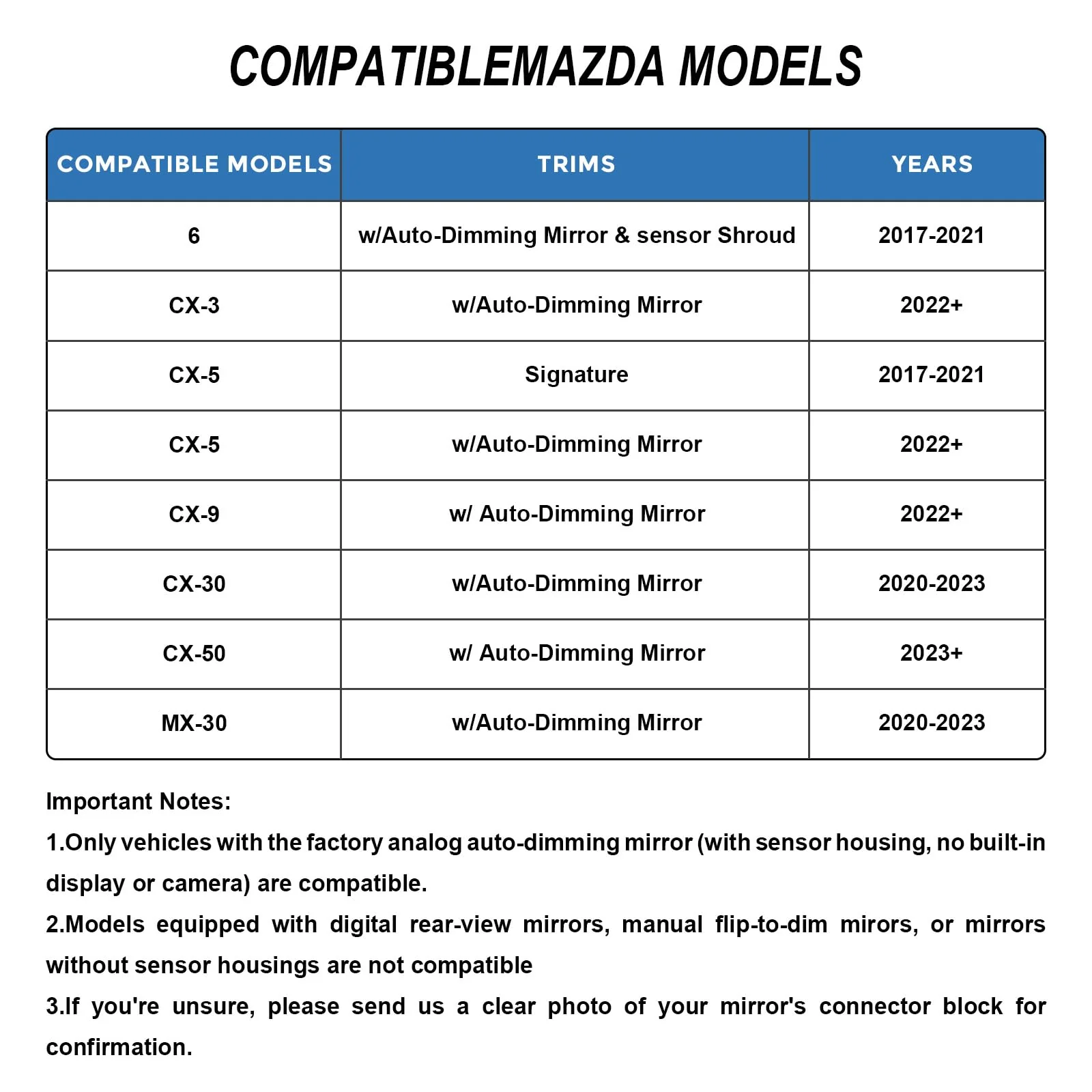 Dashcam Power Adapter 10 Pin (Model A) Custom for Mazda, 6 CX3 CX5 CX5 CX9 CX30 CX50 MX30 and More with Auto-dimming Rearview Mirror, Easy to Install 10 pin (Model A) - vehicle with Auto-dimming - Image 2