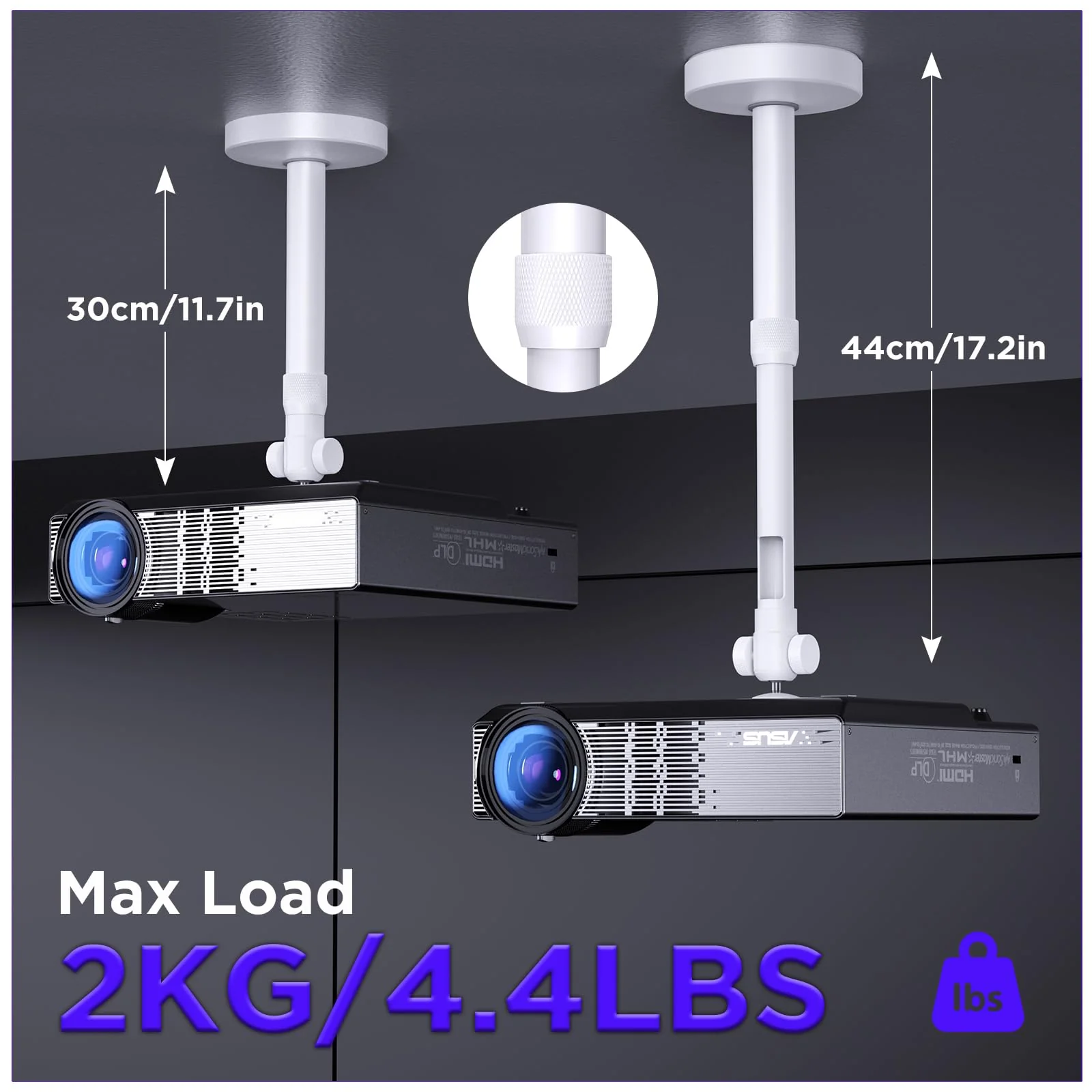 DAWASAPAT Projector Mount for Ceiling/Wall - ¼-Inch Screw Adjustable Tilt&Swivel Hanging Wall Mount Hanger Rack with Extension Pole for Mini Projector with Cable Ties White - Image 4