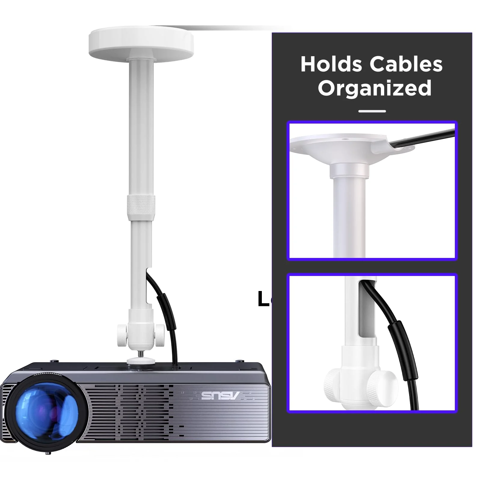 DAWASAPAT Projector Mount for Ceiling/Wall - ¼-Inch Screw Adjustable Tilt&Swivel Hanging Wall Mount Hanger Rack with Extension Pole for Mini Projector with Cable Ties White - Image 6