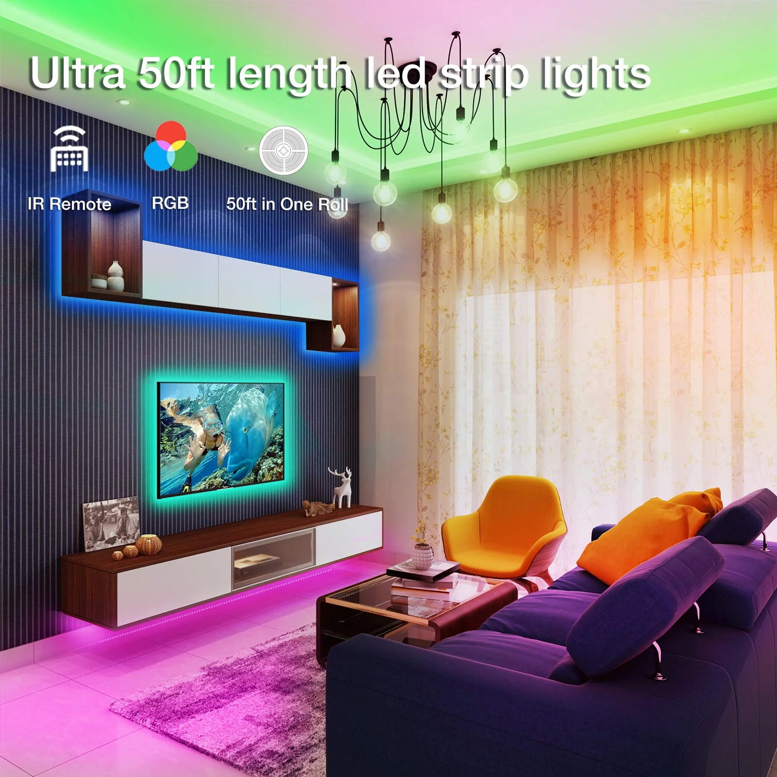 DAYBETTER (2rd Gen) SMD 5050 Remote Control Led Strip Lights 50ft Color Changing with 44Keys Remote Controller and 12V Power Supply for Bedroom - Image 2