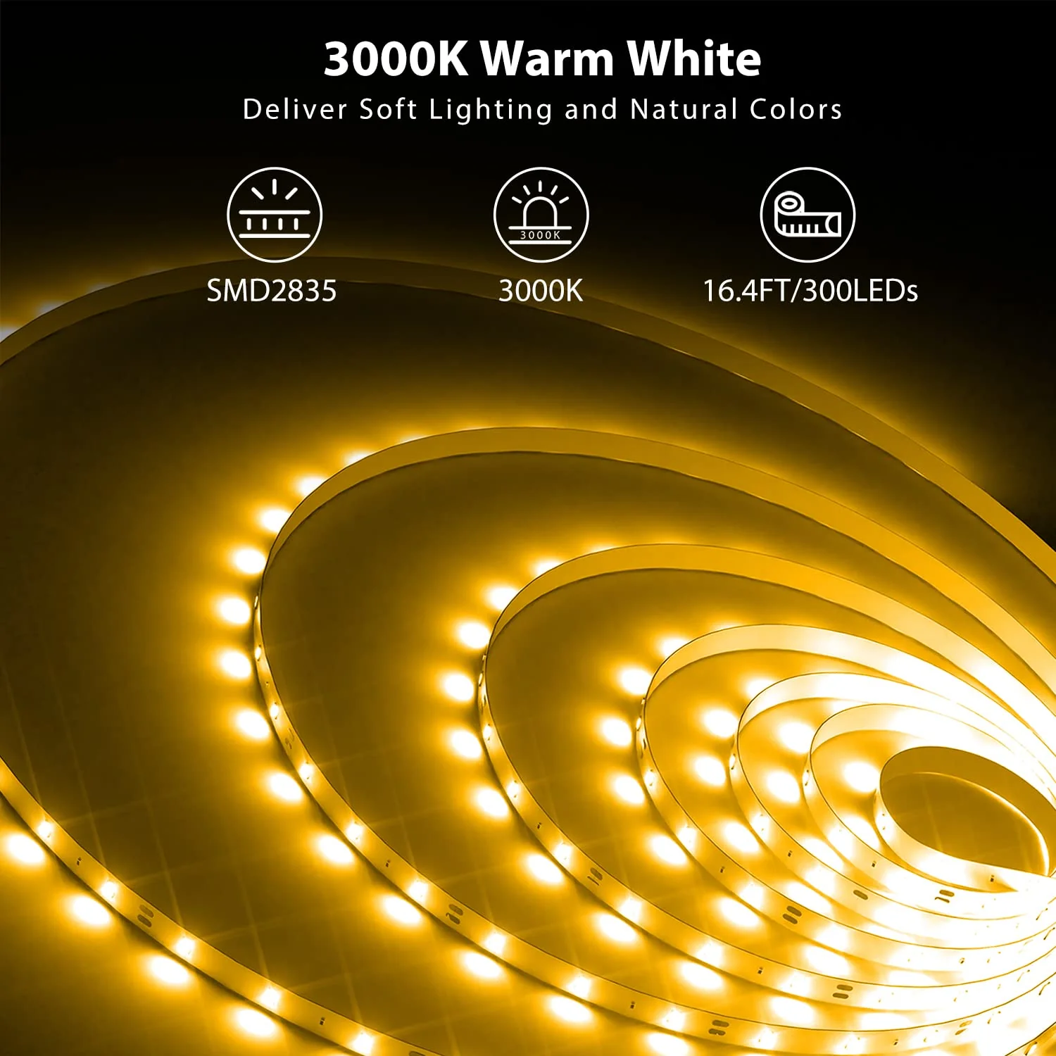 DAYBETTER Warm White LED Strip Light,16.4ft Dimmable Bright Rope Light,3000K 12V LED Light Strip,Super Bright LED Tape Lights for Bedroom,Kitchen,Mirror,Home Decoration 16.4ft - Image 3