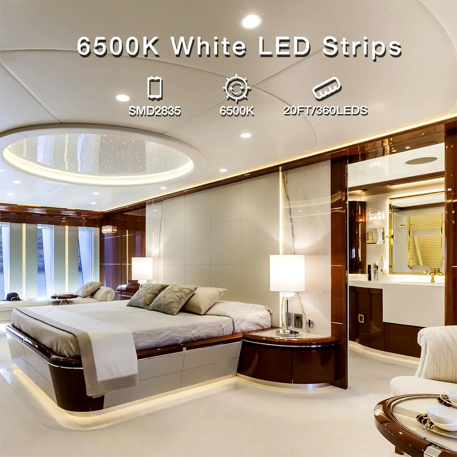 DAYBETTER White LED Strip Light, 20ft Dimmable Bright Rope Light, 6500K 24V Light Strips, 360 LEDs 2835 Tape Lights for Bedroom, Kitchen, Mirror, Home Decoration Daylight White - Image 3