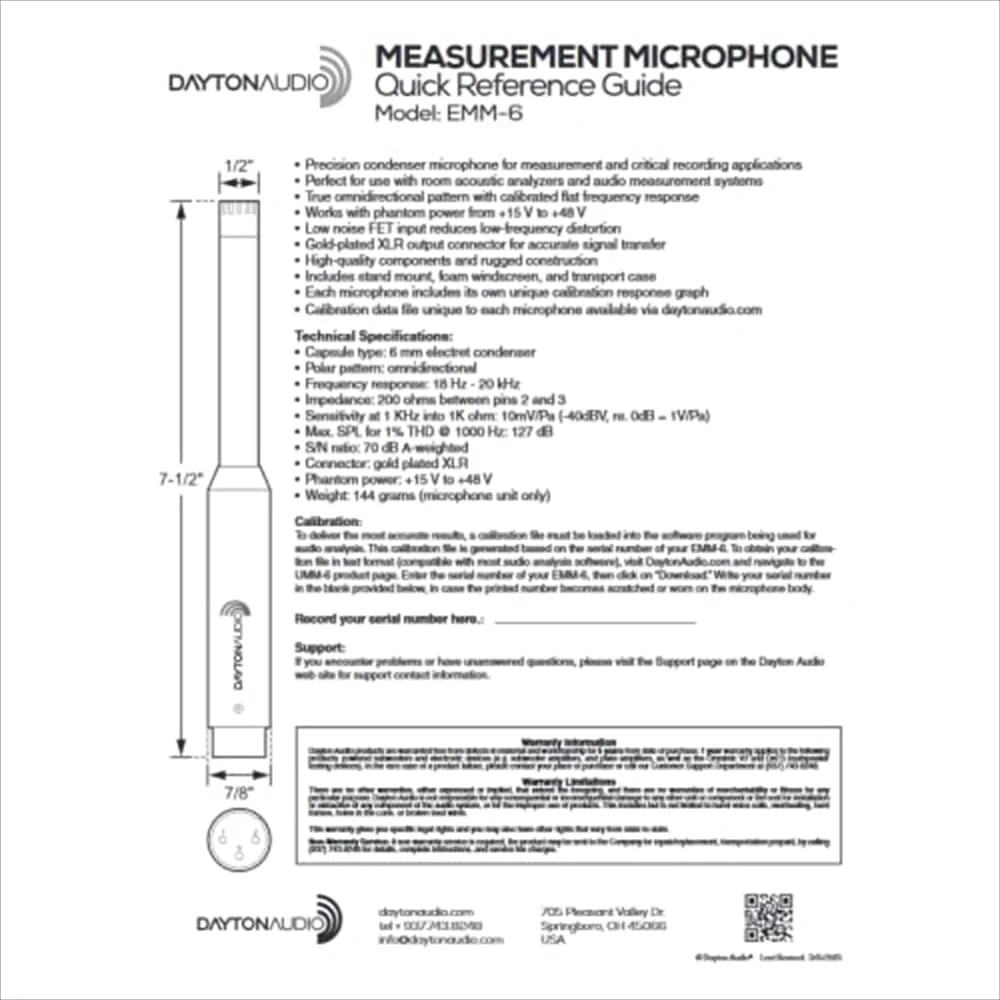 Dayton Audio EMM-6 Precision Omnidirectional Electret Condenser Microphone for Room Acoustic Analyzers and Audio Measurement Systems, Calibration Data File with Response Graph Included - Image 3
