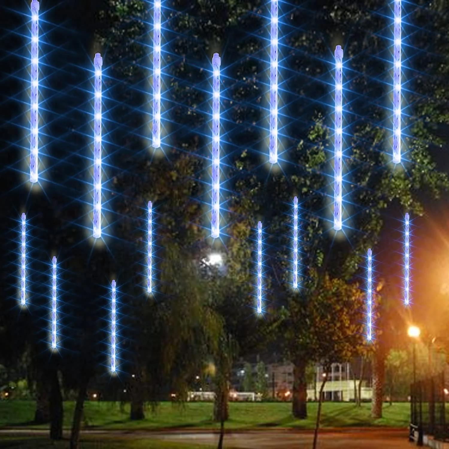 Dazzle Bright 864LED Christmas Light, Meteor Shower Rain Lights 11.8 Inch 24 Tubes, Waterproof Plug in Falling Rain Lights Christmas Decorations for Xmas Bushes Tree Yard Party (Blue) Blue 864 LED - Image 7