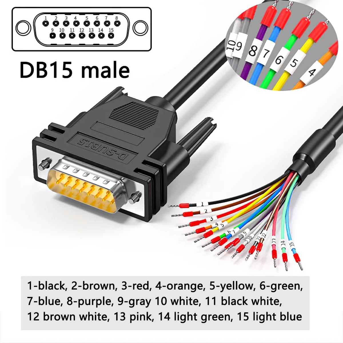 DB15 Male to Bare Wire with Cable Marker 3.3ft,D-SUB 15-Pin Connector to Open End Wire Cable,DB15 Cable15 Wire All Provided with Wiring Terminals -Black DB15 male with cable marker 3FT - Image 2