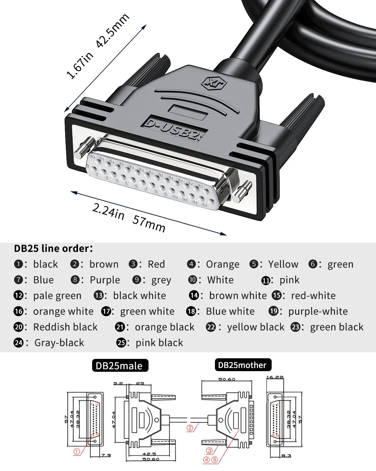 DB25 Cabel RS232 Serial Solderless Breakout Connector,D-SUB 25 PIN Adapter to Bare Wire End Extension Cable DB25 Female Connector to Bare Wire (DB25 Female, 3FT) - Image 3