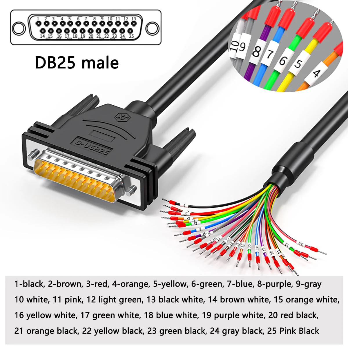 DB25 Male to Bare Wire with Cable Marker 3.3ft,D-SUB 25-Pin Connector RS232 Serial Cable,25 Wire All Provided with Wiring Terminals -Black DB25 male with cable marker 3FT - Image 2