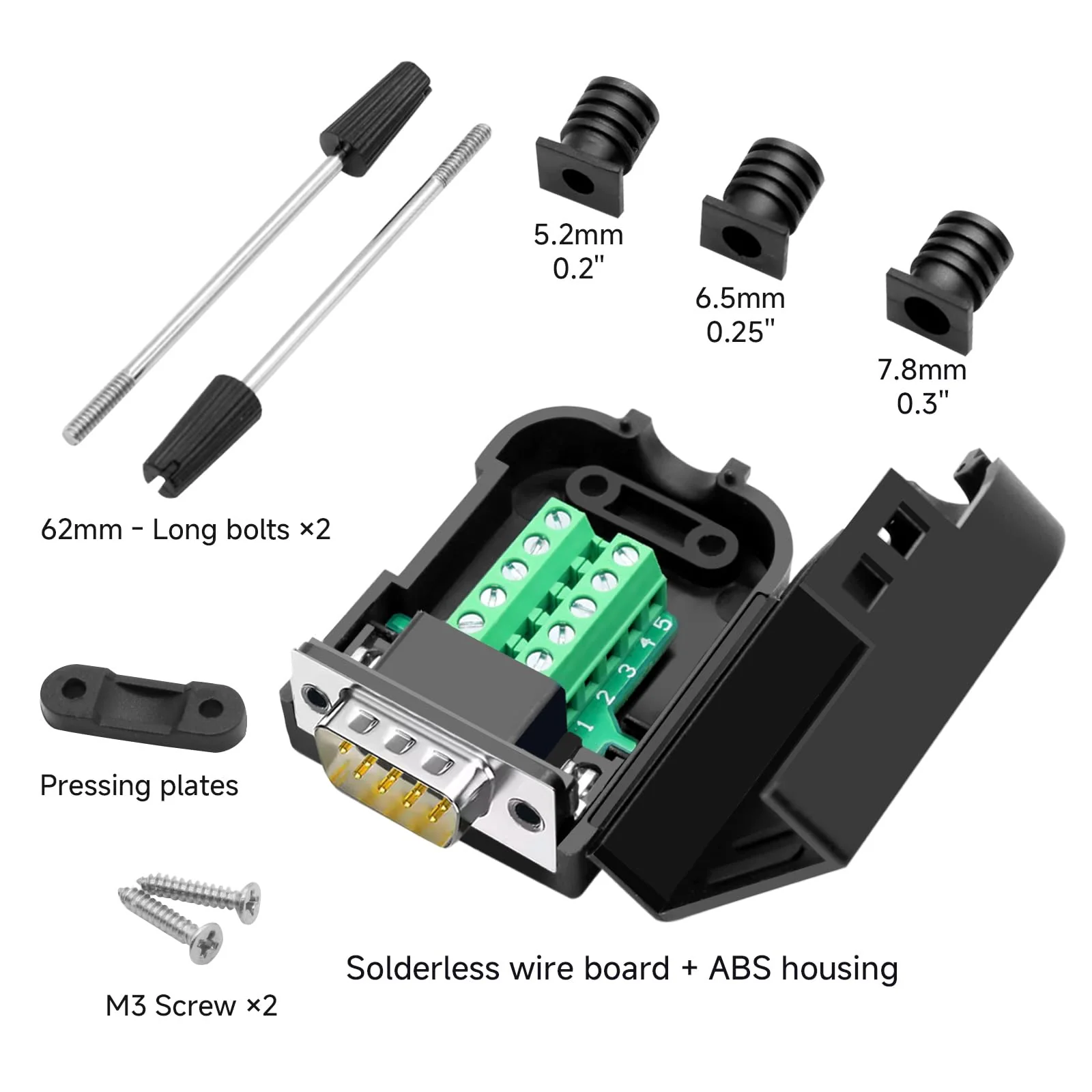 DB9 Breakout Connector, Male 9PIN Port RS232 Serial Adapter, Solderless Module Board with Screw Terminals, Case, Long Bolts Male Connector - Image 2