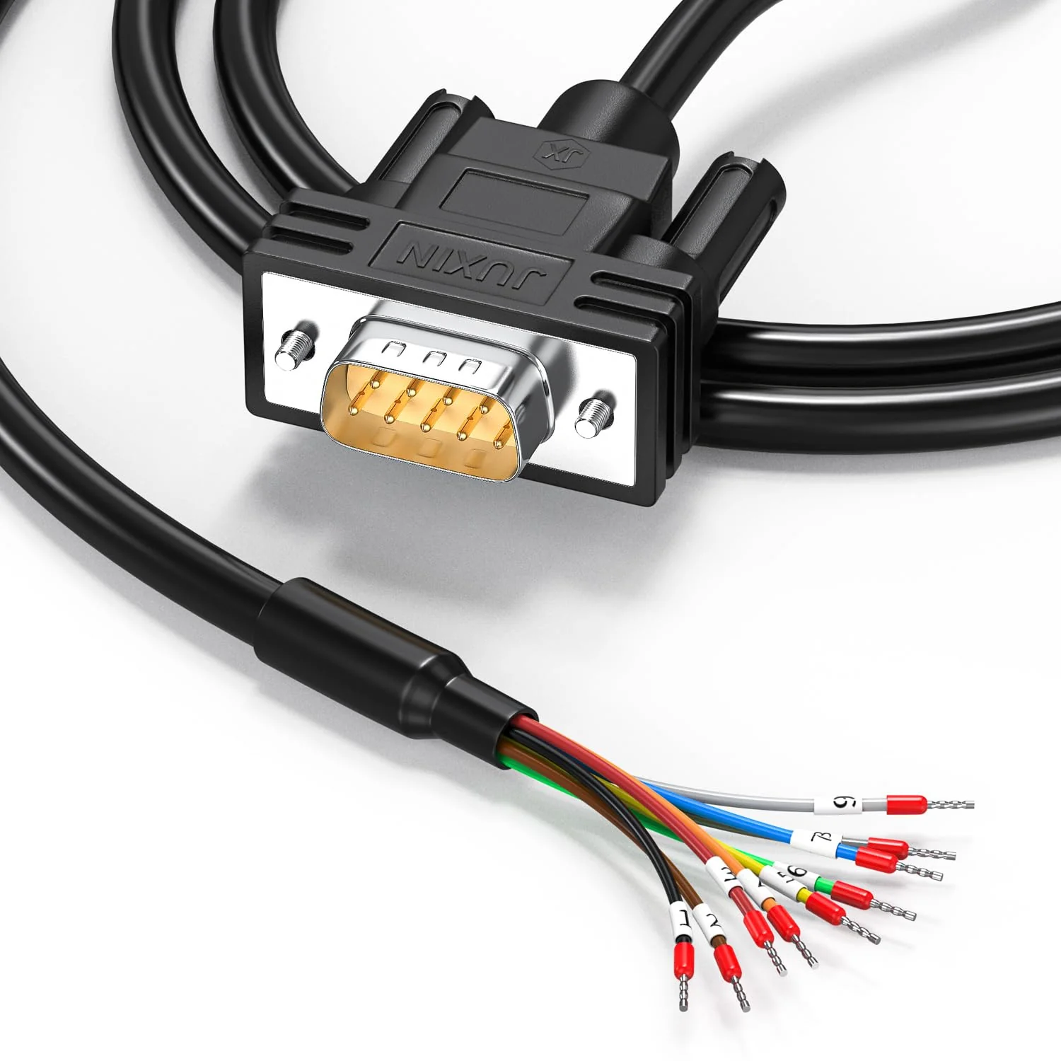 DB9 Serial Cable RS232/RS485/RS422 Extension Cable, DB9 Male to Bare Wire Cable Marked 10 Foot, D-USB 9-pin Port Terminal Male Adapter Connector Distribution Board, No Soldering Required - Black 10FT