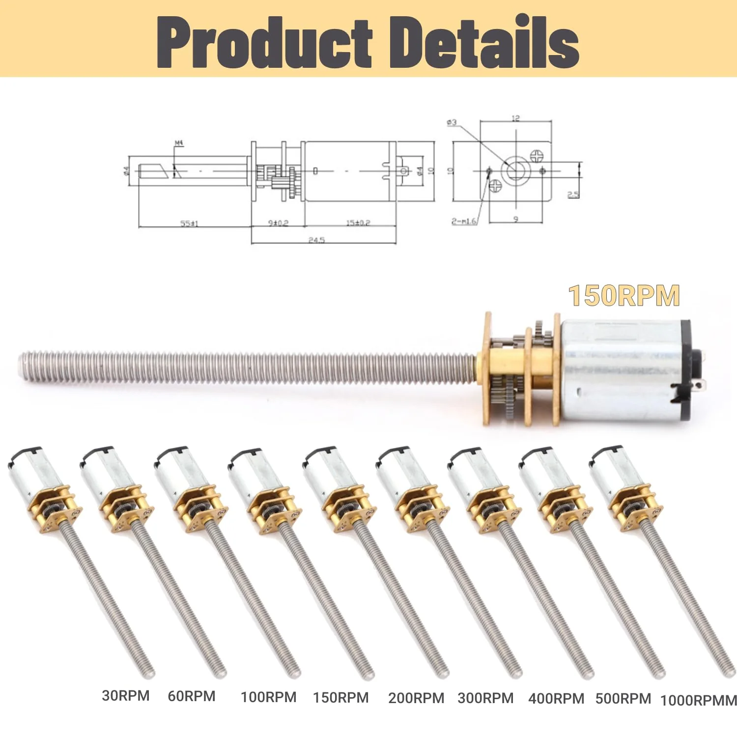 DC 12V Gear Motor, Ball Screw Motor, N20 Gear Motor, Lead Screw Speed Reduction Electric Motor M4 x 55 mm, 12 V, Ball Screw Accessories (150 rpm) - Image 2