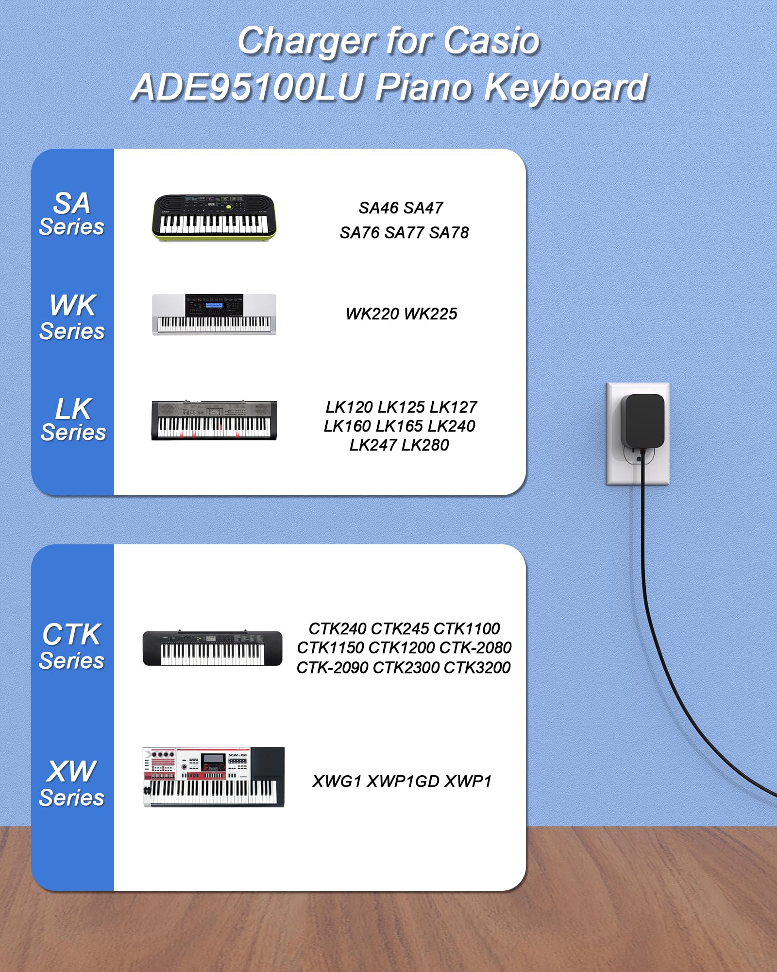 DC 9.5V for Casio Keyboard Power Cord ADE95100LU Compatible with Casio Keyboard Power Supply LK-135 WK-225 CTK-2500 CTK-2400 CTK-2550 CTK-1100 WK-220 LK-165 CTK-2090 SA-76 SA-46 Keyboard(5.9Ft Long) - Image 4