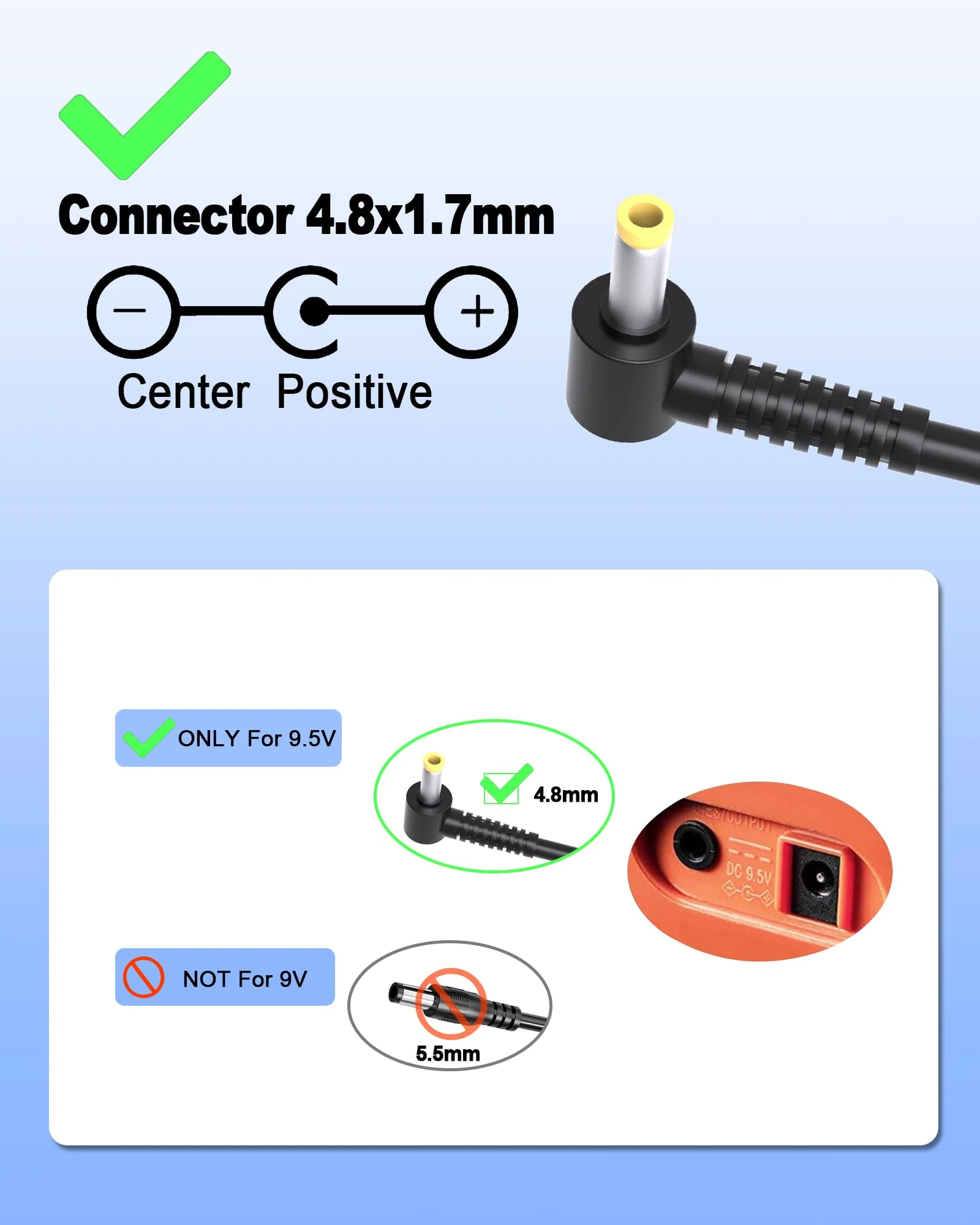 DC 9.5V for Casio Keyboard Power Cord ADE95100LU Compatible with Casio Keyboard Power Supply LK-135 WK-225 CTK-2500 CTK-2400 CTK-2550 CTK-1100 WK-220 LK-165 CTK-2090 SA-76 SA-46 Keyboard(5.9Ft Long) - Image 6