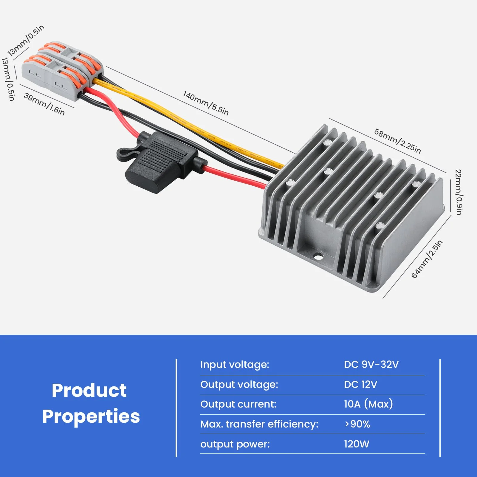 DC 9V-32V to 12V10A Voltage Converter, 24V Step Down to 12V 120W Buck With Safety Fuse and Clamps, Voltage Regulator, Power Supply Adapter, Truck Step-Down Volt Gray-DC 9-32V to 12V 10A - Image 7