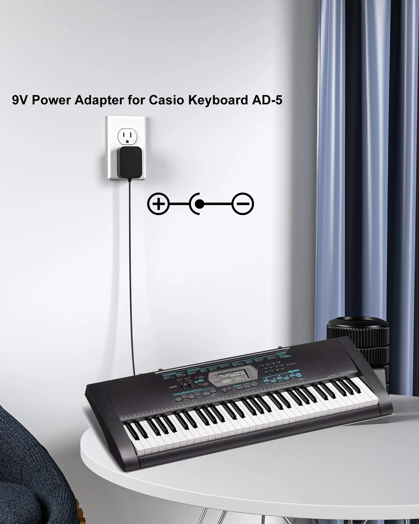 DC 9V for Casio Keyboard Power Cord compatible with Casio Keyboard AD-5 AD-5MU AD-5MR CTK-2100 CTK-800 CTK-700 CTK-710 CTK-720 LK-220 CTK-480 CTK-650 SK-200 WK-110 WK-200 LK-43 LK-100 (5.9Ft Long) - Image 2