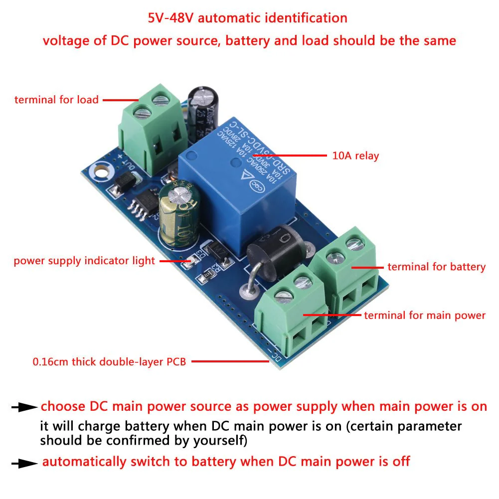 DC Backup Battery Switching Module, 5V~48V 10A Power Supply/Battery Automatic Switching Module Emergency Control - Image 3