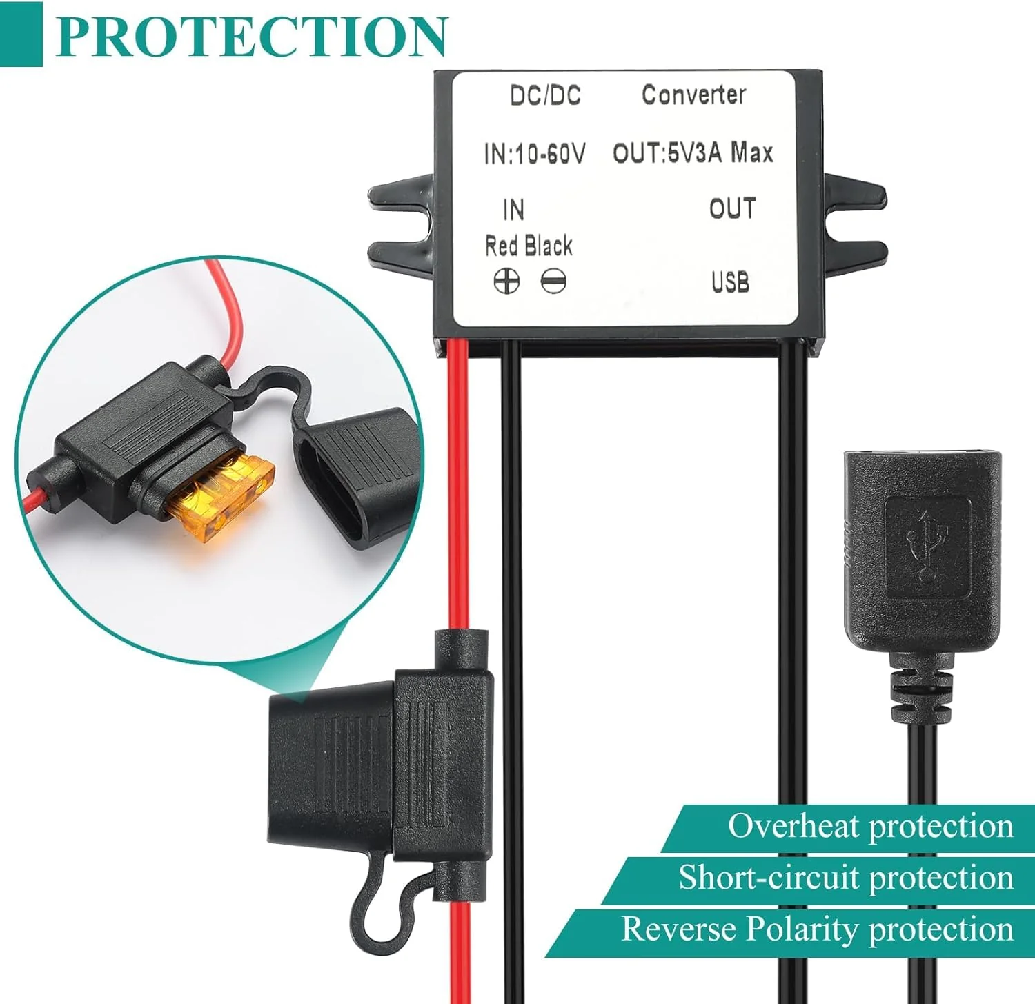 DC DC Buck USB A 10-60V to 5V Voltage Converter with Fuse 5V 3A 15W MAX 12V/24V/36V/48V/60V Power Transformer Waterproof Step Down Module for Automotive, LED Lights, Boat Docks, Instruments USB 10-60V to 5V 3A 15W - Image 3
