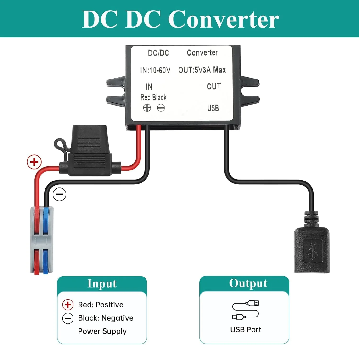 DC DC Buck USB A 10-60V to 5V Voltage Converter with Fuse 5V 3A 15W MAX 12V/24V/36V/48V/60V Power Transformer Waterproof Step Down Module for Automotive, LED Lights, Boat Docks, Instruments USB 10-60V to 5V 3A 15W - Image 4