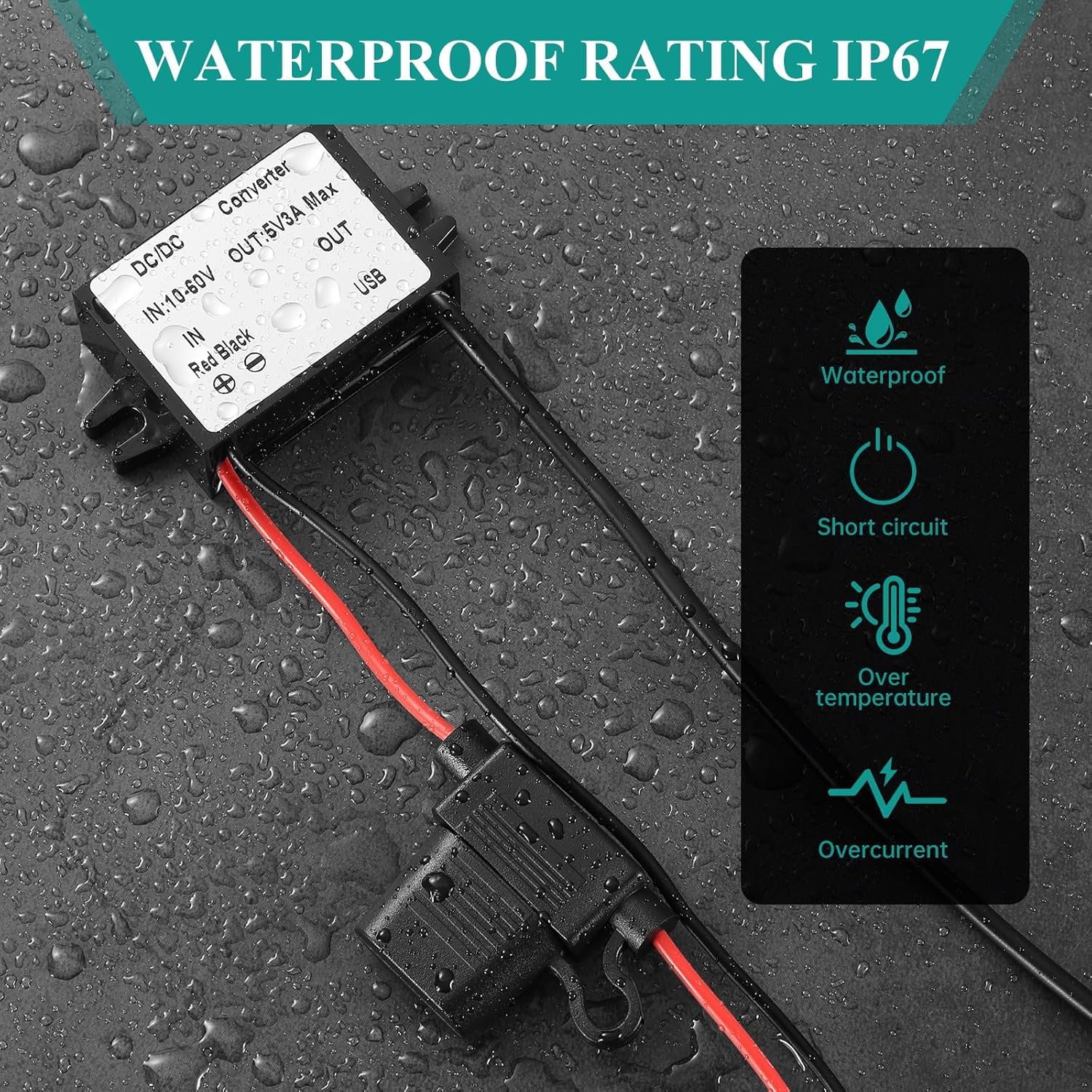 DC DC Buck USB A 10-60V to 5V Voltage Converter with Fuse 5V 3A 15W MAX 12V/24V/36V/48V/60V Power Transformer Waterproof Step Down Module for Automotive, LED Lights, Boat Docks, Instruments USB 10-60V to 5V 3A 15W - Image 5