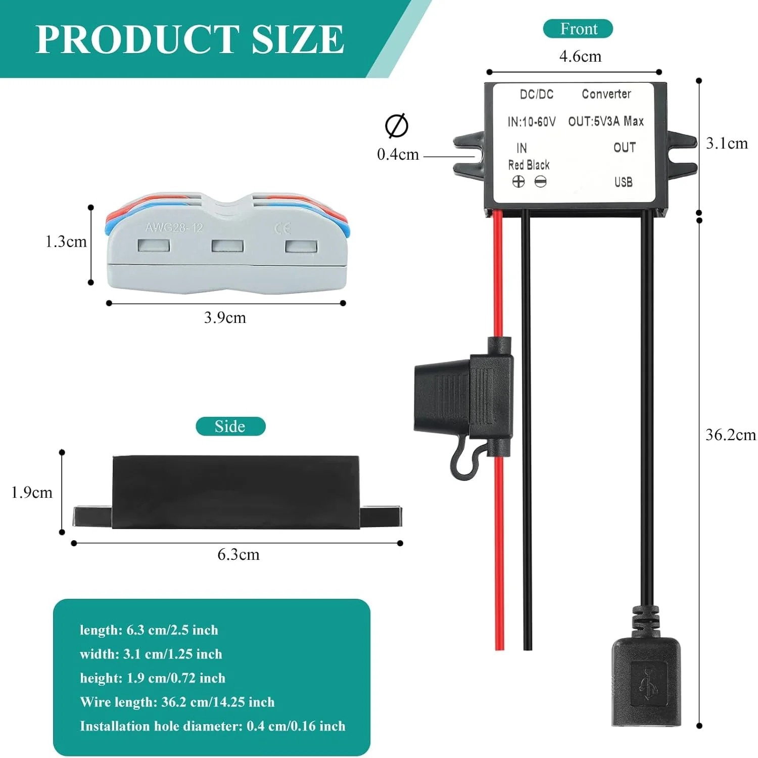 DC DC Buck USB A 10-60V to 5V Voltage Converter with Fuse 5V 3A 15W MAX 12V/24V/36V/48V/60V Power Transformer Waterproof Step Down Module for Automotive, LED Lights, Boat Docks, Instruments USB 10-60V to 5V 3A 15W - Image 6