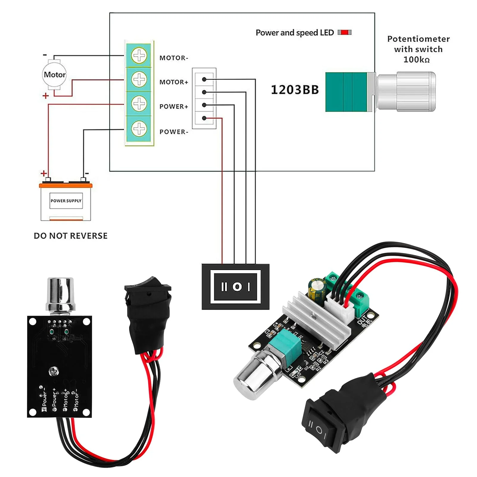 DC Motor Speed Controller - PWM 6V/12V/24V/28V/3A/80W Speed Adjustable Reversible Switch 1203BB DC Motor Driver for Fan, DC Motor, Fish Tank Oxygen Pumpt 6-28V 3A - Image 4