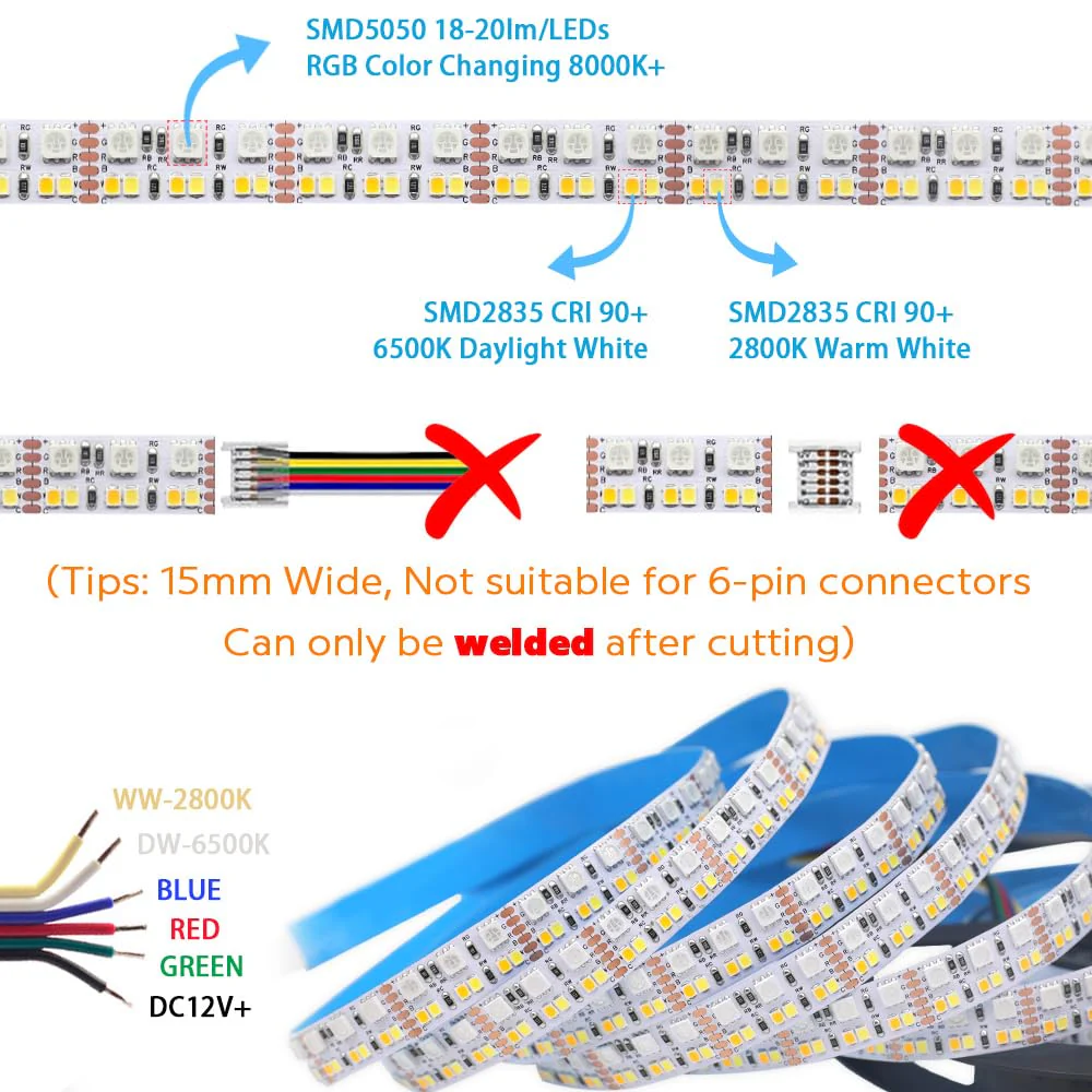 DC12V RGB CCT Color Changing LED Strip Light, 5050 RGB 2835 Warm White Daylight White Double Row Super Bright RGBWW Non-Waterproof Flexible LED Tape Light(DC12V 5meter/16.4ft) DC12 V 5 m/16.4 ft - Image 2