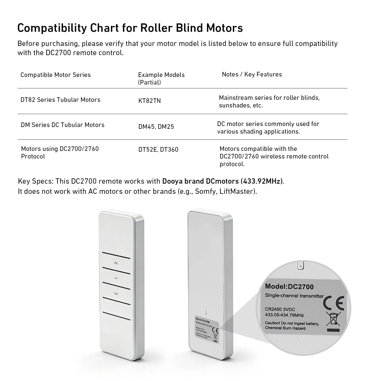 DC2700 1 Channel Wireless RF Transmitter Emitter Remote Controller for Curtain Motor DT52E/KT82TN/DT360 - Image 4