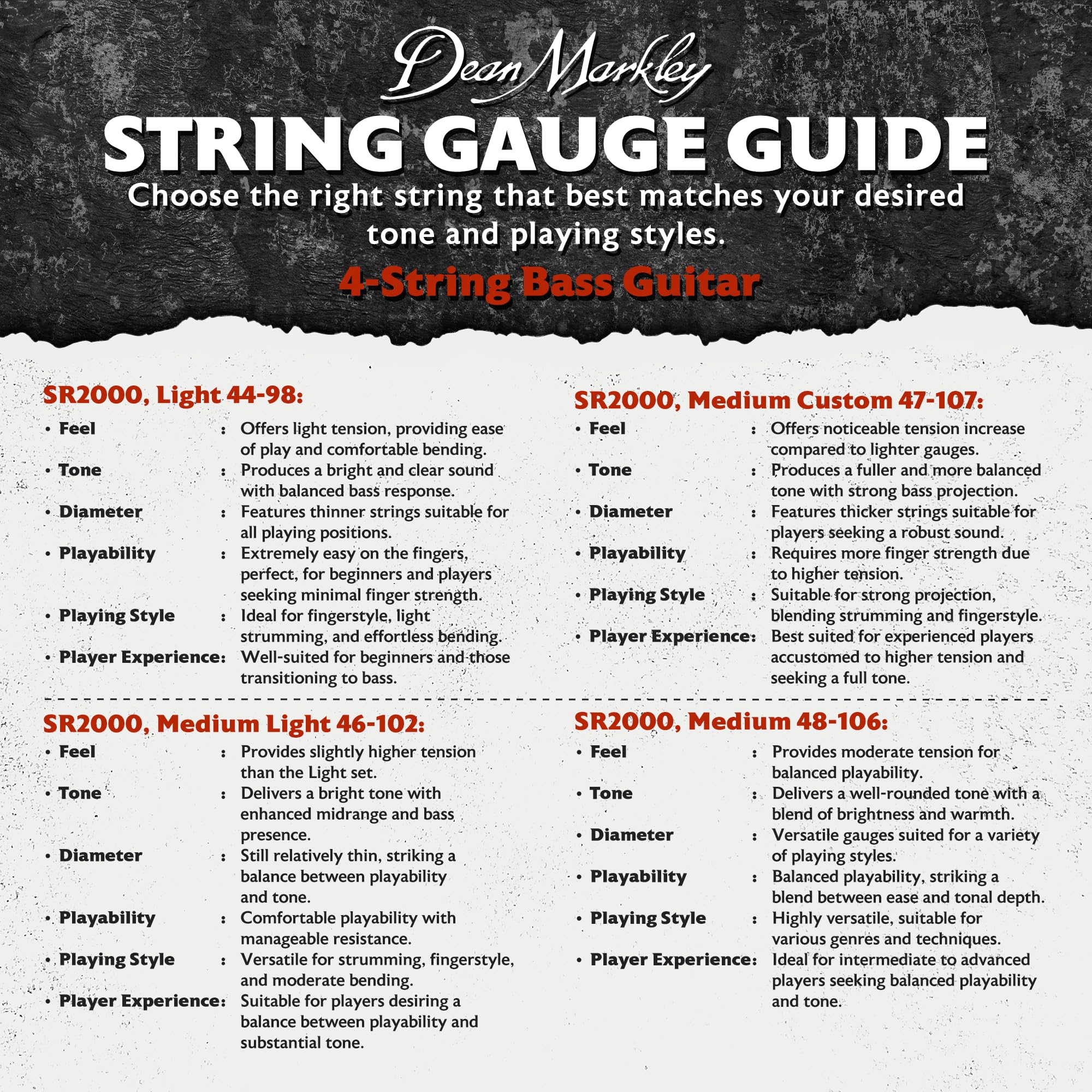 Dean Markley SR2000 Stainless Steel Bass Guitar Strings 4 String Set, 48-106 Medium 4 String Bass Guitar, Silky Smooth Bass Strings with Long Lasting and Full Tone, Made in the USA - Image 4