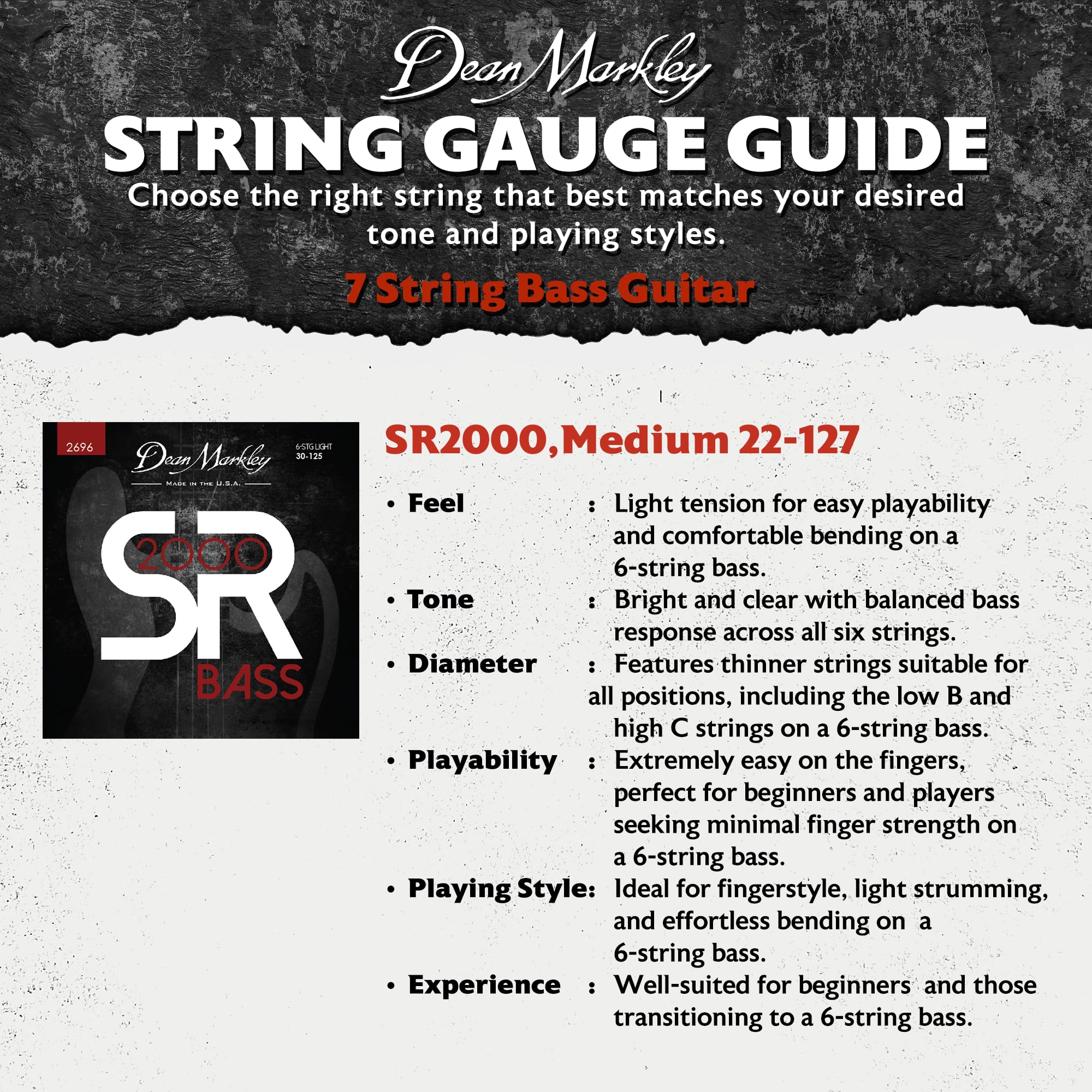 Dean Markley SR2000 Stainless Steel Bass Guitar Strings 7 String Set, 22-127 Medium Custom 7 String Bass Guitar, Silky Smooth Bass Strings with Long Lasting and Full Tone, Made in the USA - Image 4