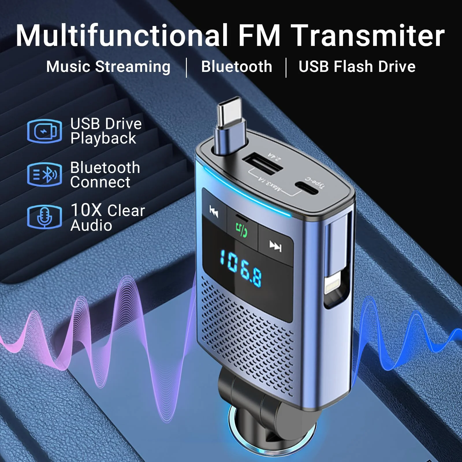 Deepfeel Bluetooth 5.3 FM Transmitter, Fast Charging [PD45W & QC3.0] FM Radio Transmitter Mics, Light Switch, HiFi Bass Sound, Wireless Music Hands-Free Calling LED Display Support USB/TF Drive - Image 4