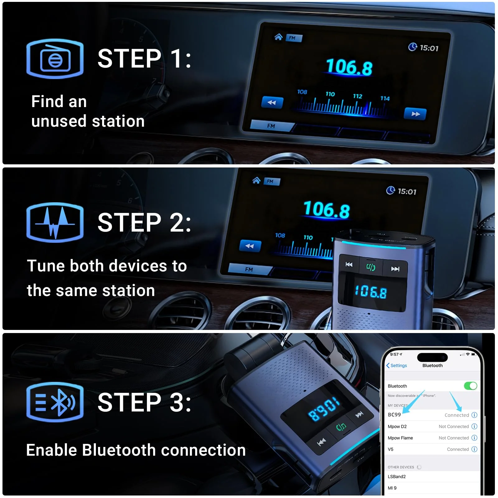 Deepfeel Bluetooth 5.3 FM Transmitter, Fast Charging [PD45W & QC3.0] FM Radio Transmitter Mics, Light Switch, HiFi Bass Sound, Wireless Music Hands-Free Calling LED Display Support USB/TF Drive - Image 8
