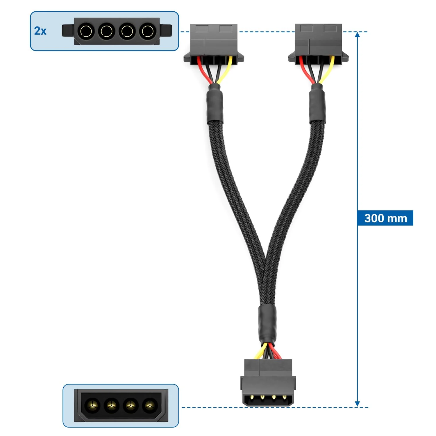 deleyCON 30 cm 4-Pin Molex Y Extension Cable - MXI Power Supply for PC Components - 4-Pin Molex Male to 2x 4-Pin Molex Female - Black Molex 4-Pin Y Cable - Image 5