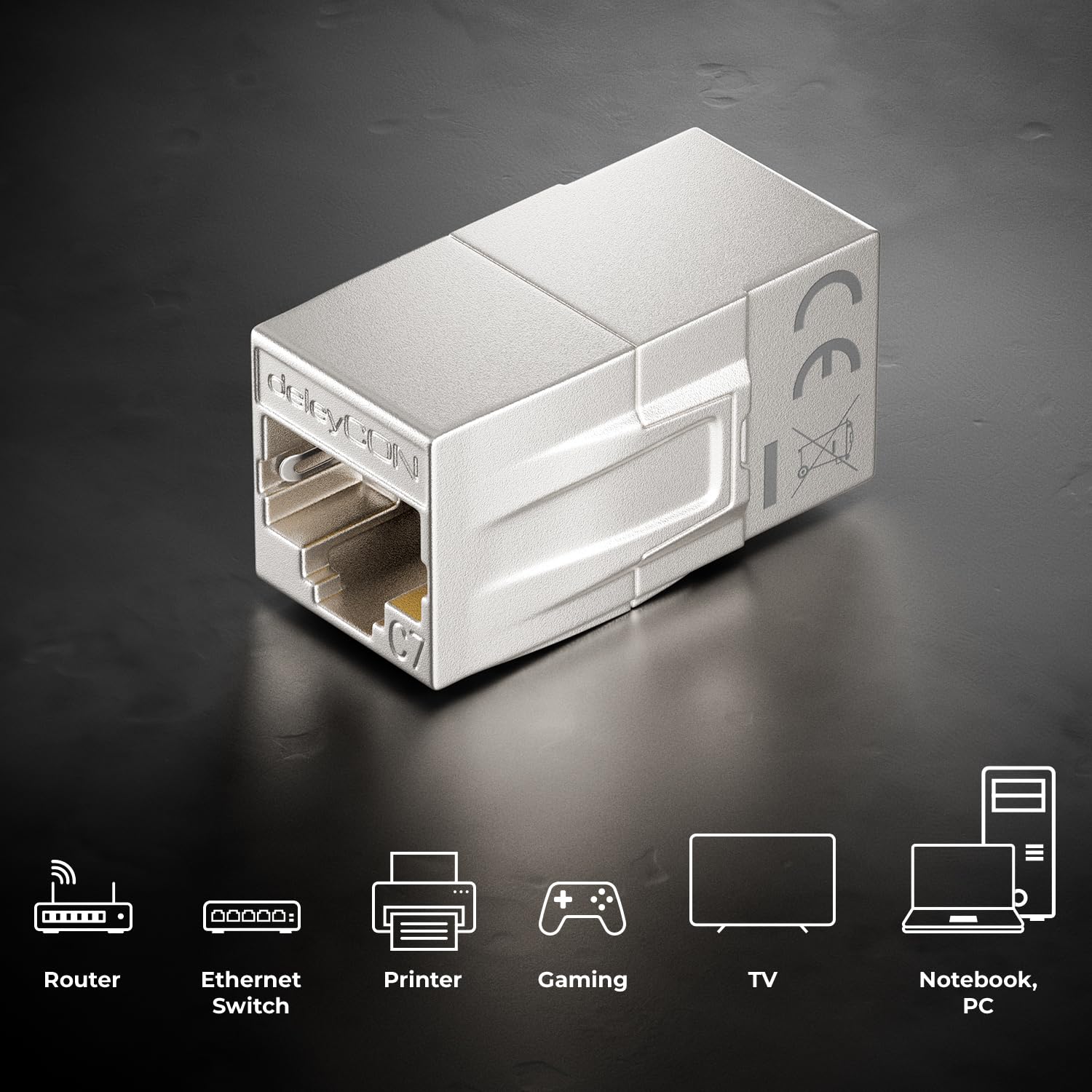 deleyCON Pack of 4 RJ45 Coupling CAT 7 (10 Gbps, 600 MHz) Connector CAT7 Extension Ethernet Adapter Metal Compatible with Cat8, Cat7, Cat6, Cat5 Patch Cable LAN DSL POE 2X RJ45 Socket, Silver 4 Stück - Image 5