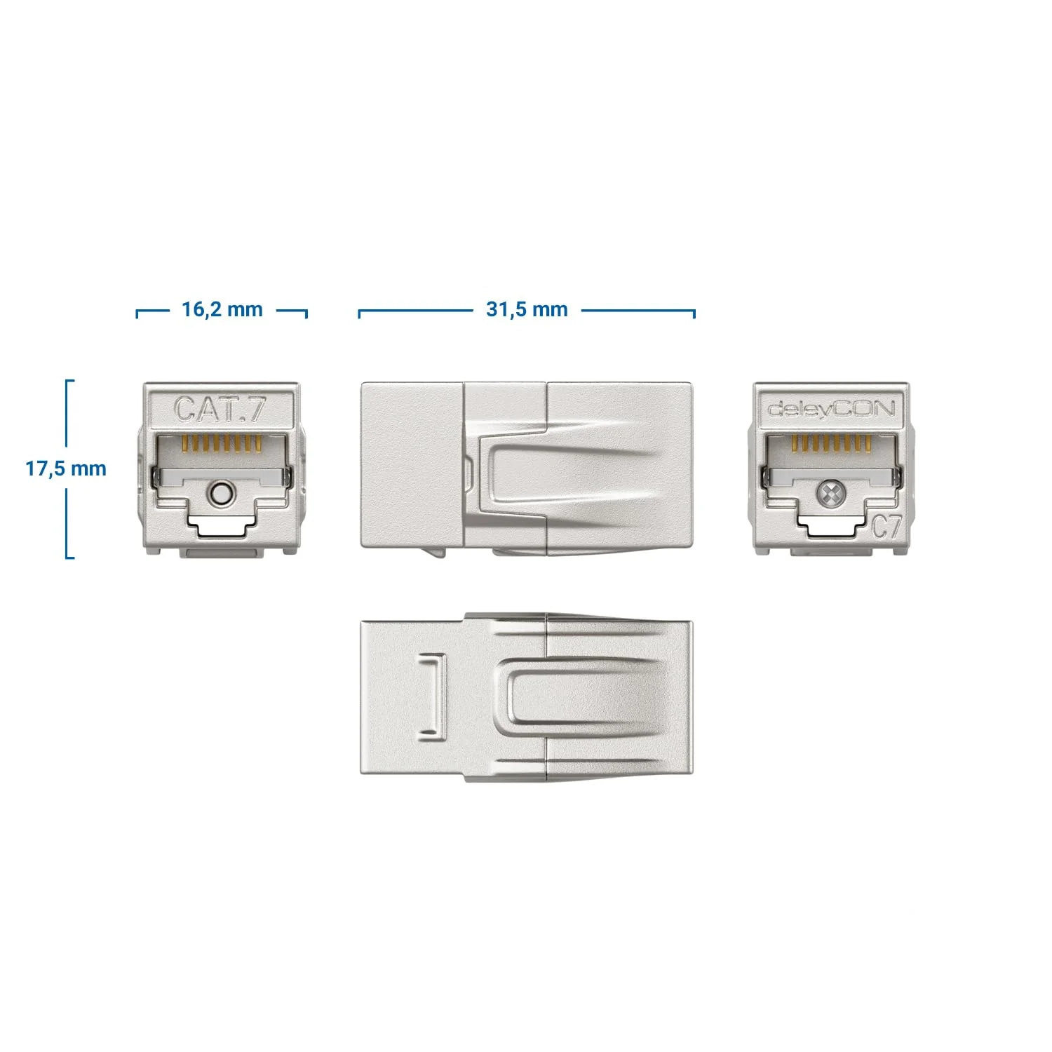 deleyCON Pack of 4 RJ45 Coupling CAT 7 (10 Gbps, 600 MHz) Connector CAT7 Extension Ethernet Adapter Metal Compatible with Cat8, Cat7, Cat6, Cat5 Patch Cable LAN DSL POE 2X RJ45 Socket, Silver 4 Stück - Image 6