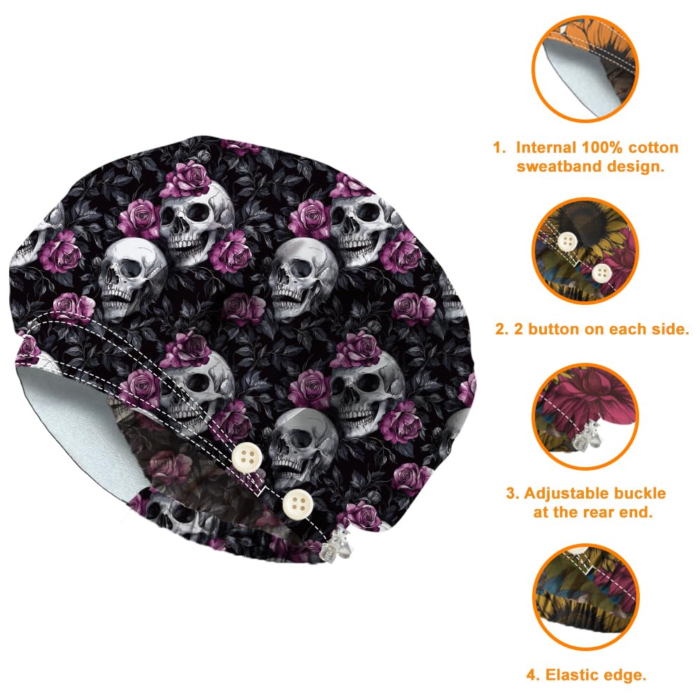DELORIGIN Bouffant Hats with Skull and Rose Motif, Adjustable Work Cap, Cotton, for Nurses, Doctors and Surgery Hat with Button and Sweatband for Nurses and Cooking Skull Rose - Image 2