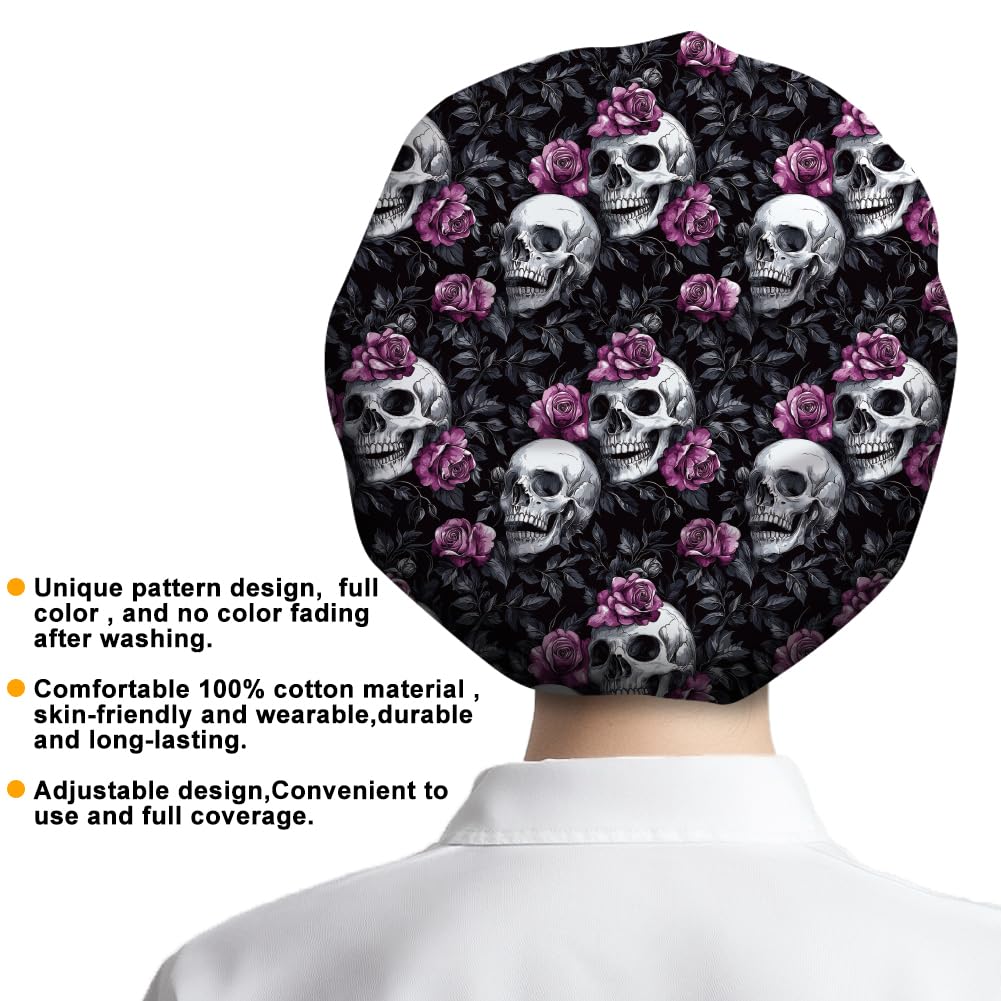 DELORIGIN Bouffant Hats with Skull and Rose Motif, Adjustable Work Cap, Cotton, for Nurses, Doctors and Surgery Hat with Button and Sweatband for Nurses and Cooking Skull Rose - Image 3