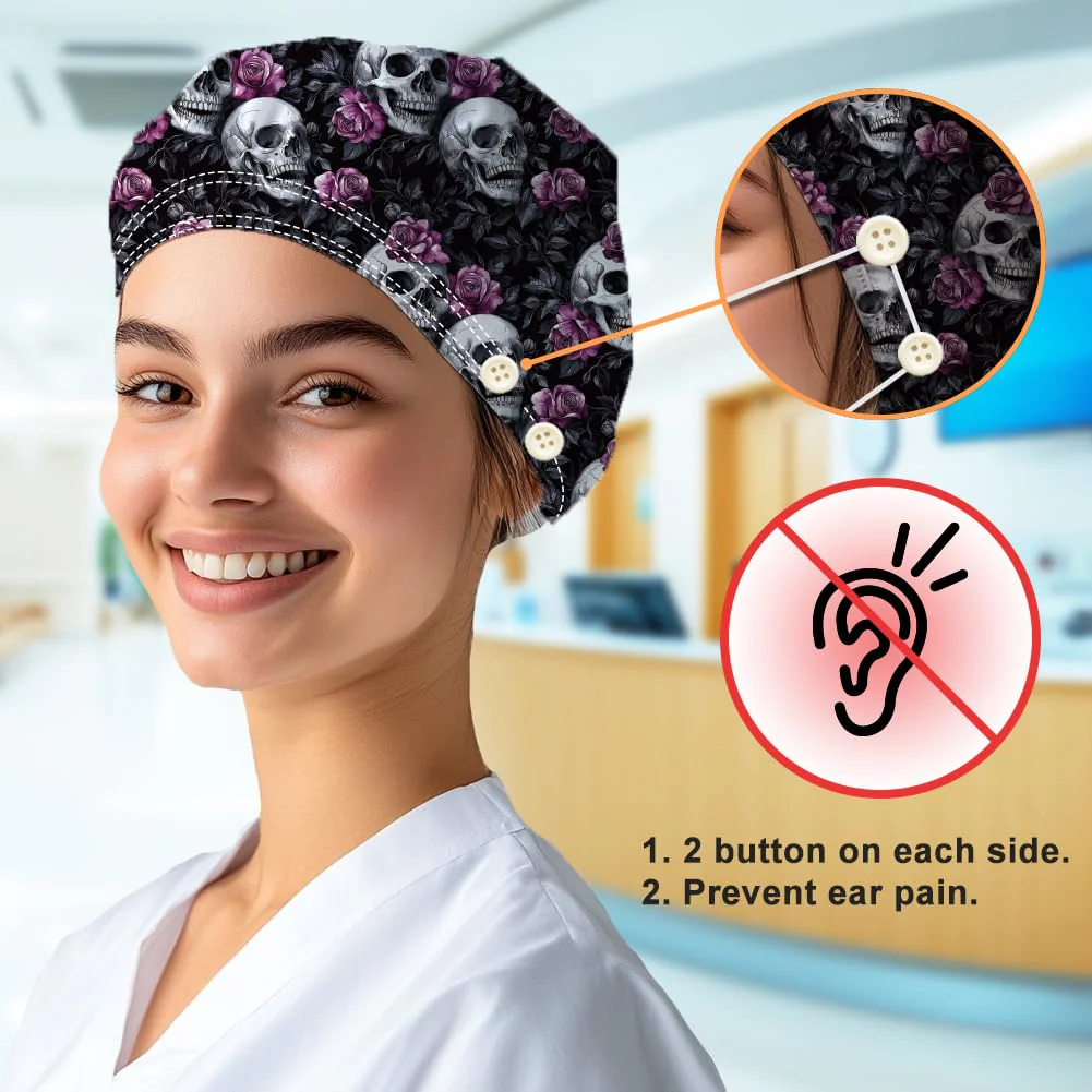 DELORIGIN Bouffant Hats with Skull and Rose Motif, Adjustable Work Cap, Cotton, for Nurses, Doctors and Surgery Hat with Button and Sweatband for Nurses and Cooking Skull Rose - Image 4