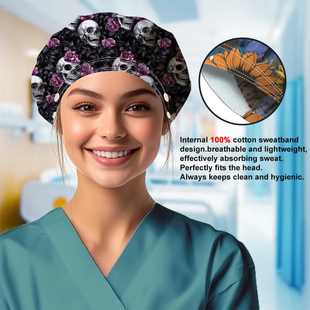 DELORIGIN Bouffant Hats with Skull and Rose Motif, Adjustable Work Cap, Cotton, for Nurses, Doctors and Surgery Hat with Button and Sweatband for Nurses and Cooking Skull Rose - Image 5