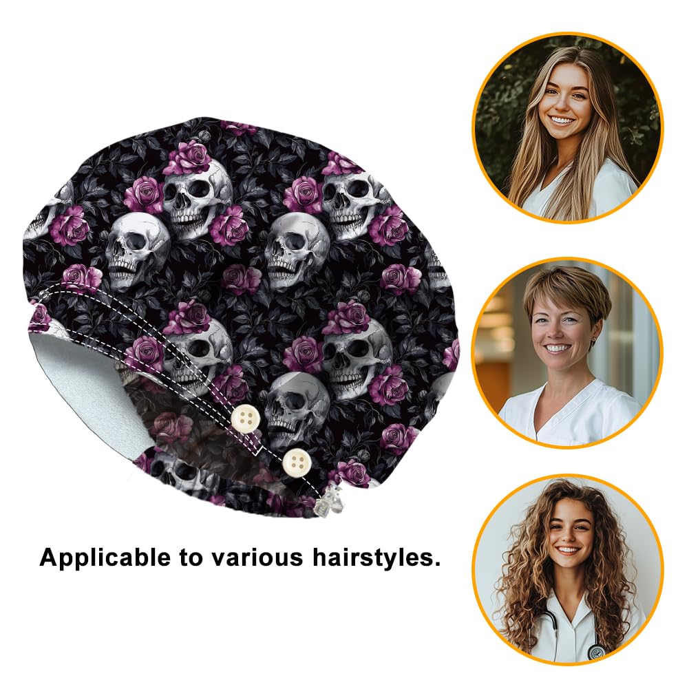 DELORIGIN Bouffant Hats with Skull and Rose Motif, Adjustable Work Cap, Cotton, for Nurses, Doctors and Surgery Hat with Button and Sweatband for Nurses and Cooking Skull Rose - Image 6