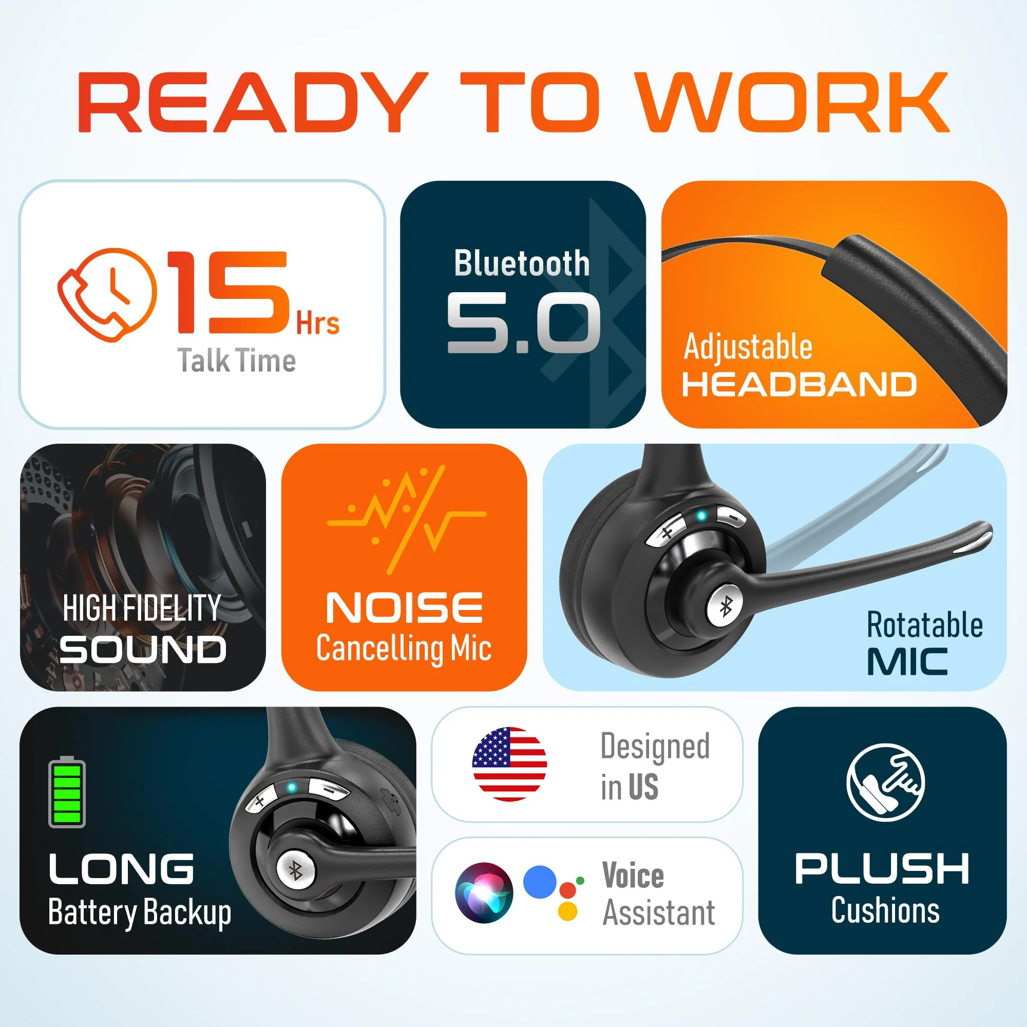 Delton 10X Bluetooth Computer Headset, Over-The-Head Single Ear Wireless Headset with Noise Canceling Mic for Computer/Laptop/Call Center/Truck Driver, Works with All Meetings Apps - Black Monoaural - Image 8