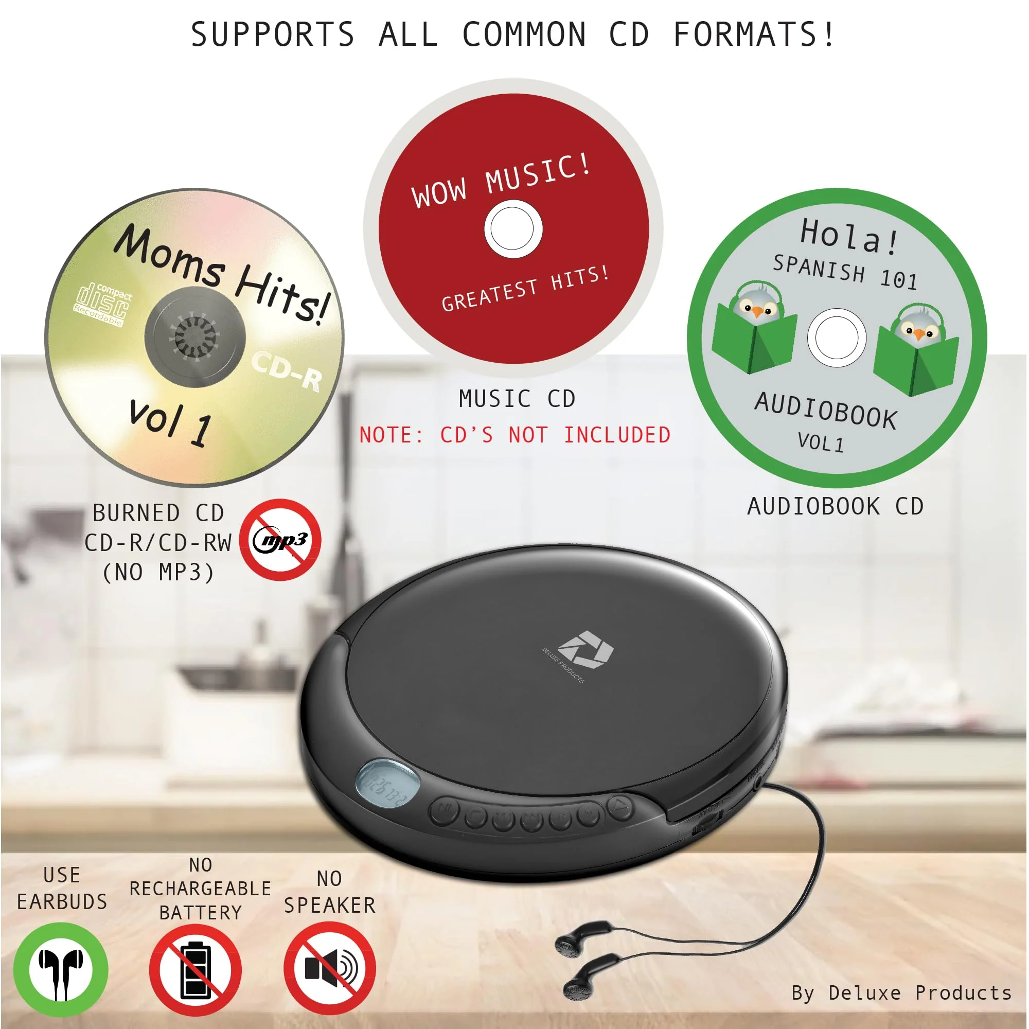 Deluxe Products CD Player Portable with 60 Second Anti Skip, Stereo Earbuds, Includes Aux in Cable and AC USB Power Cable for use at Home or in Car Black_CD - Image 2