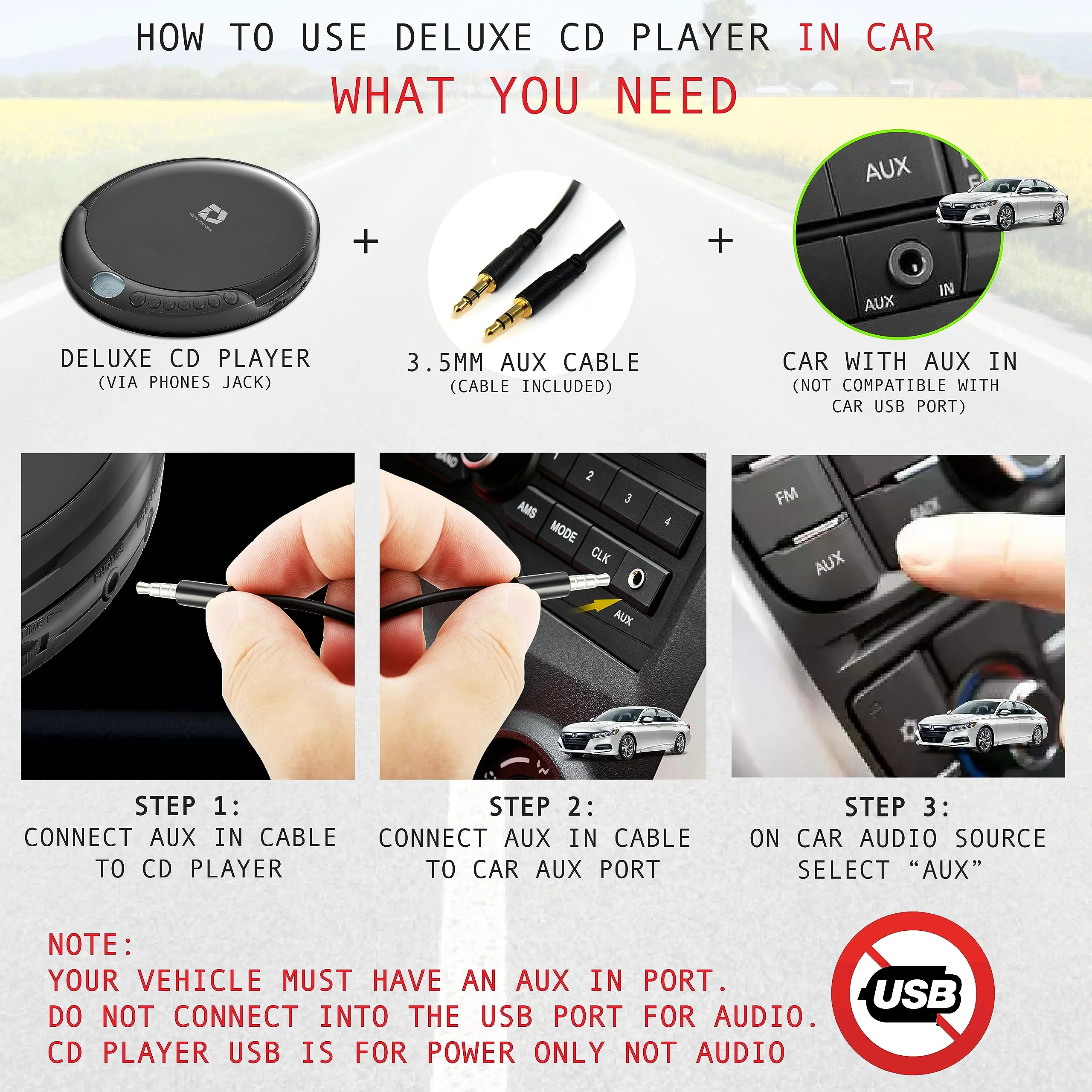 Deluxe Products CD Player Portable with 60 Second Anti Skip, Stereo Earbuds, Includes Aux in Cable and AC USB Power Cable for use at Home or in Car Black_CD - Image 3