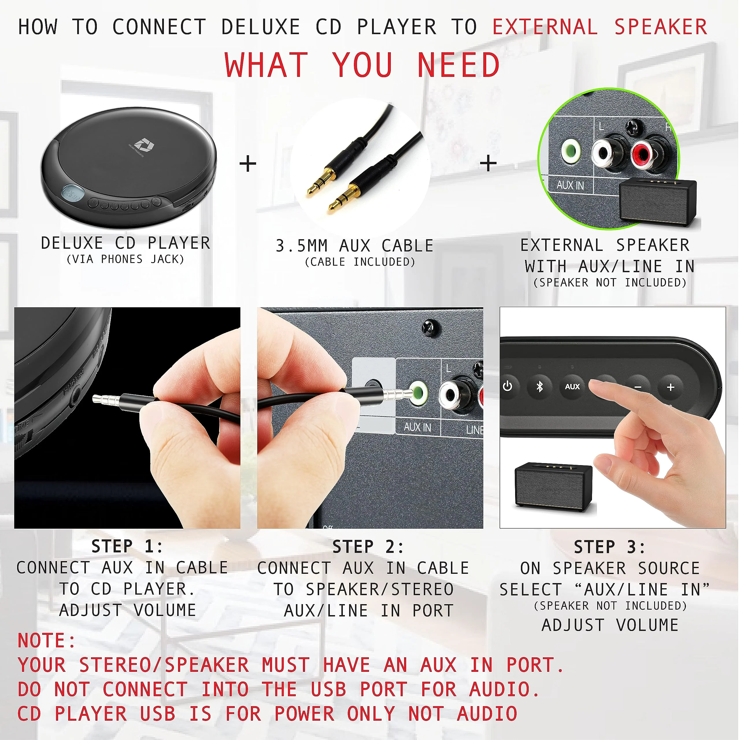 Deluxe Products CD Player Portable with 60 Second Anti Skip, Stereo Earbuds, Includes Aux in Cable and AC USB Power Cable for use at Home or in Car Black_CD - Image 4