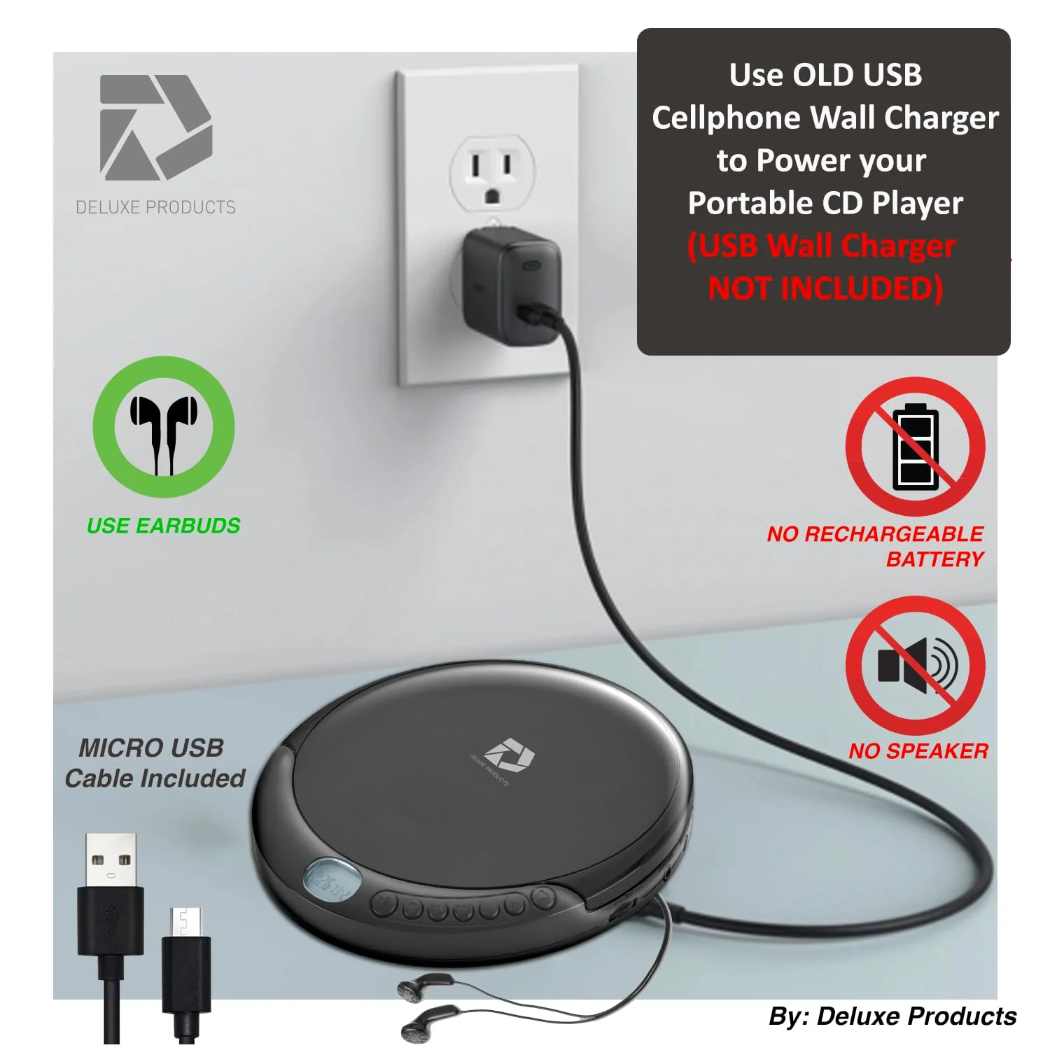 Deluxe Products CD Player Portable with 60 Second Anti Skip, Stereo Earbuds, Includes Aux in Cable and AC USB Power Cable for use at Home or in Car Black_CD - Image 5