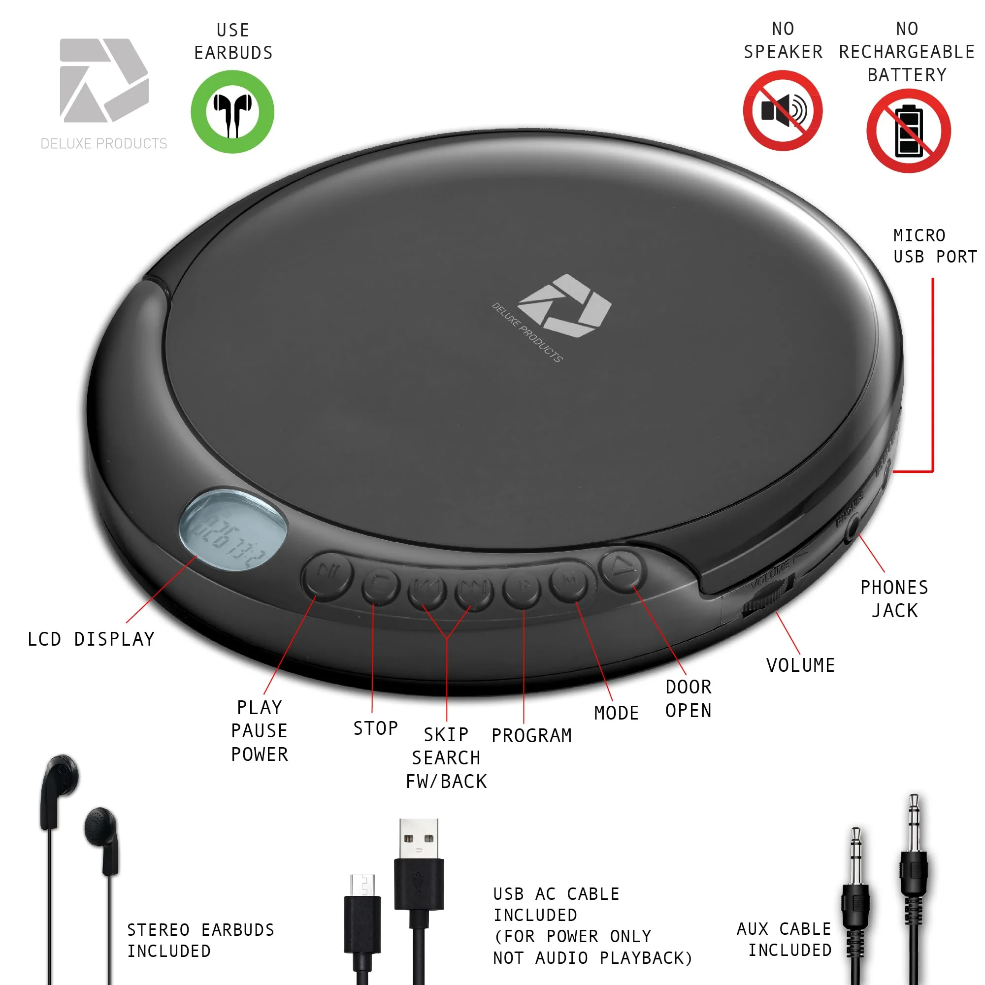 Deluxe Products CD Player Portable with 60 Second Anti Skip, Stereo Earbuds, Includes Aux in Cable and AC USB Power Cable for use at Home or in Car Black_CD - Image 7