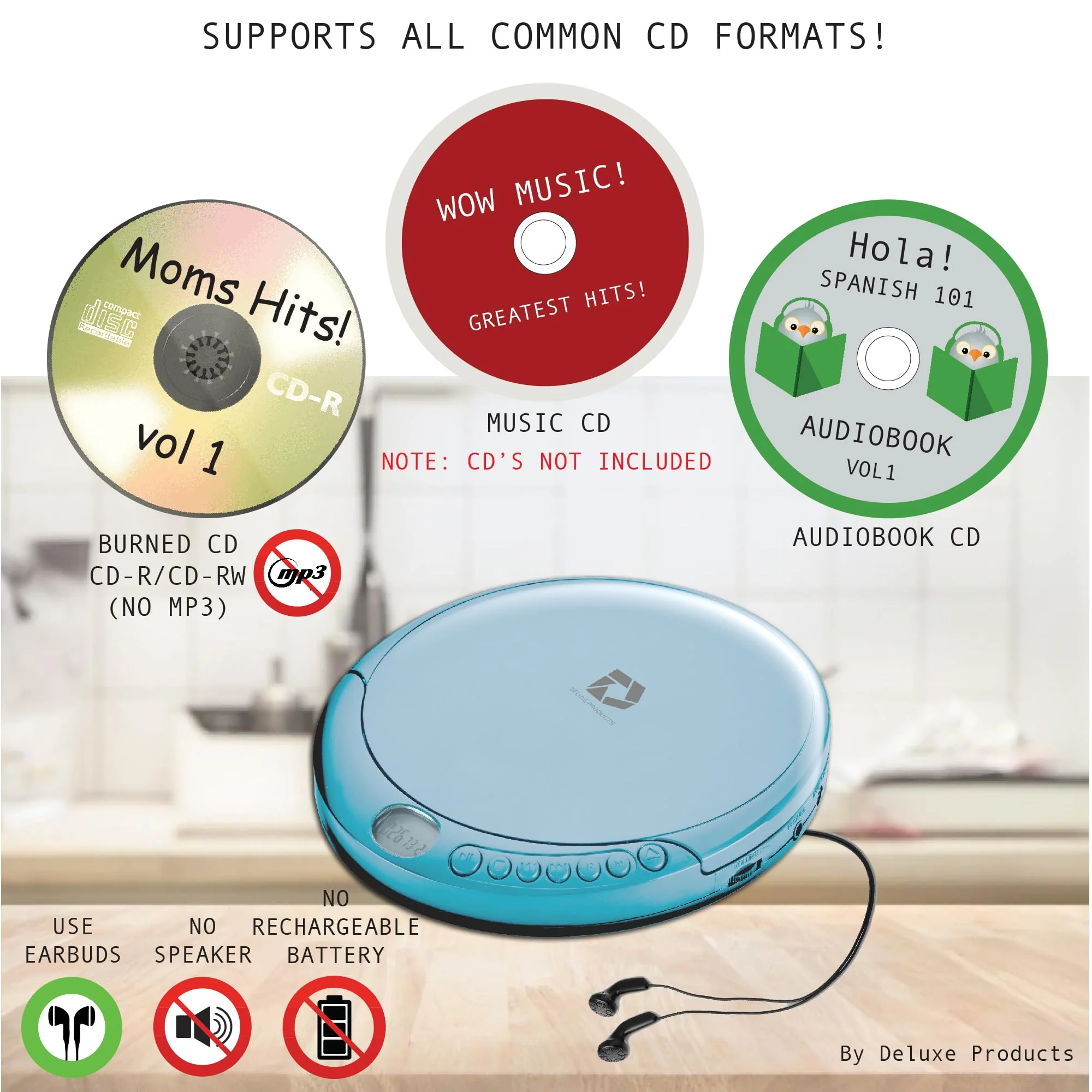 Deluxe Products CD Player Portable with 60 Second Anti Skip, Stereo Earbuds, Includes Aux in Cable and AC USB Power Cable for use at Home or in Car. Blue Blue_CD - Image 2
