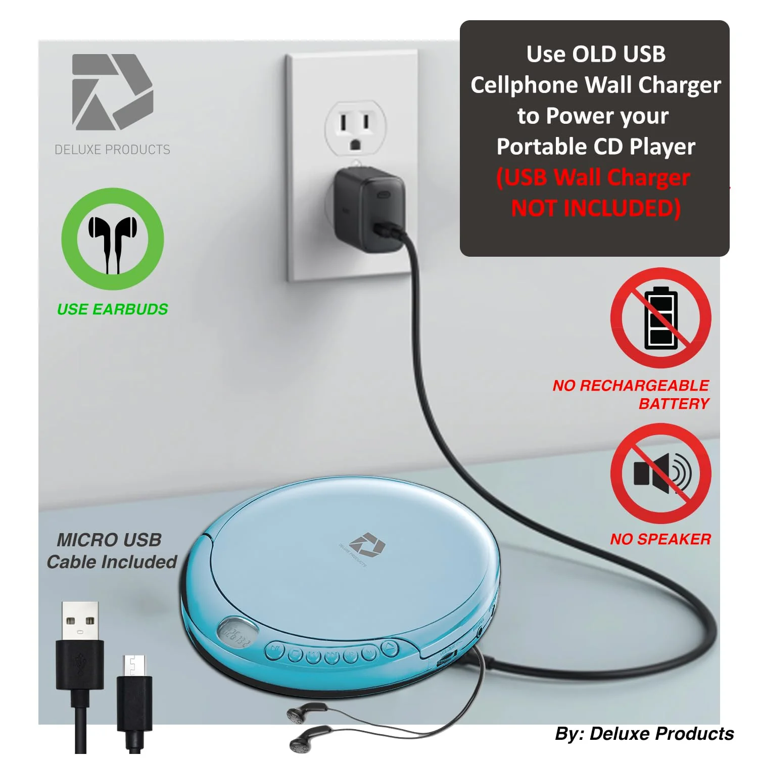 Deluxe Products CD Player Portable with 60 Second Anti Skip, Stereo Earbuds, Includes Aux in Cable and AC USB Power Cable for use at Home or in Car. Blue Blue_CD - Image 5