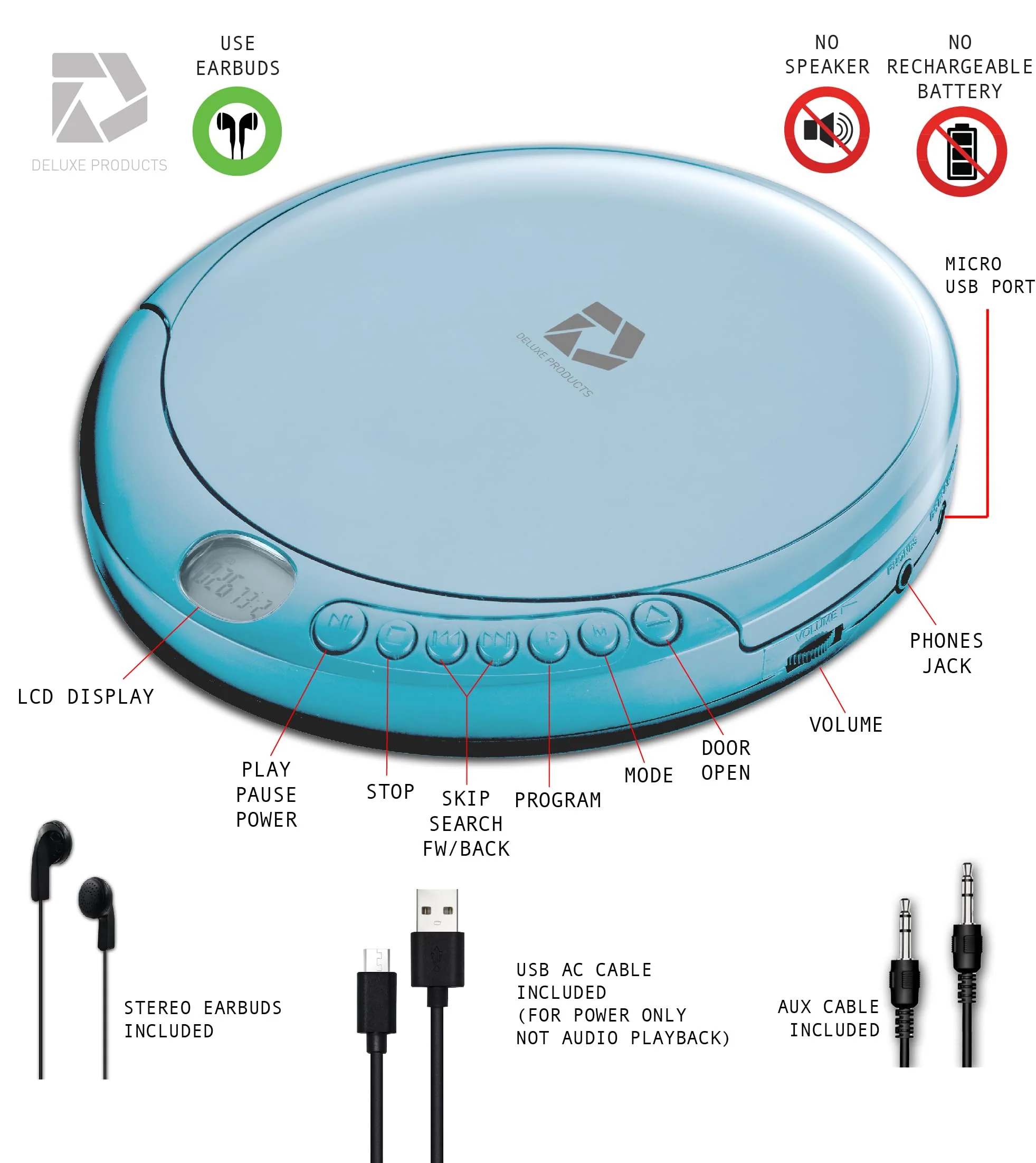 Deluxe Products CD Player Portable with 60 Second Anti Skip, Stereo Earbuds, Includes Aux in Cable and AC USB Power Cable for use at Home or in Car. Blue Blue_CD - Image 7