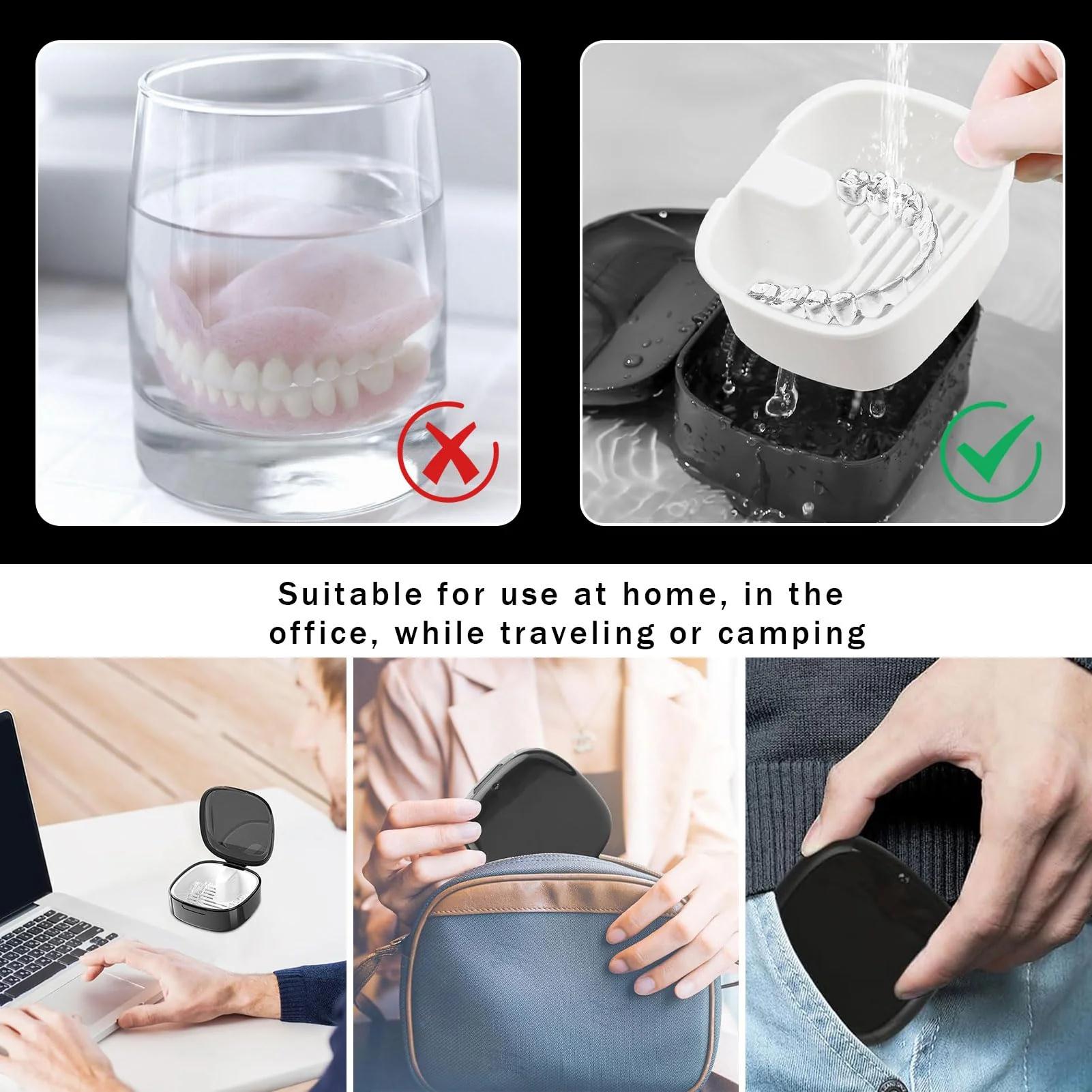 Denture Box, Denture Box Cover, Denture Box, Braces Box, Denture Box with Strainer, Portable Denture Box Cover, for Storing Dentures (Black) - Image 5