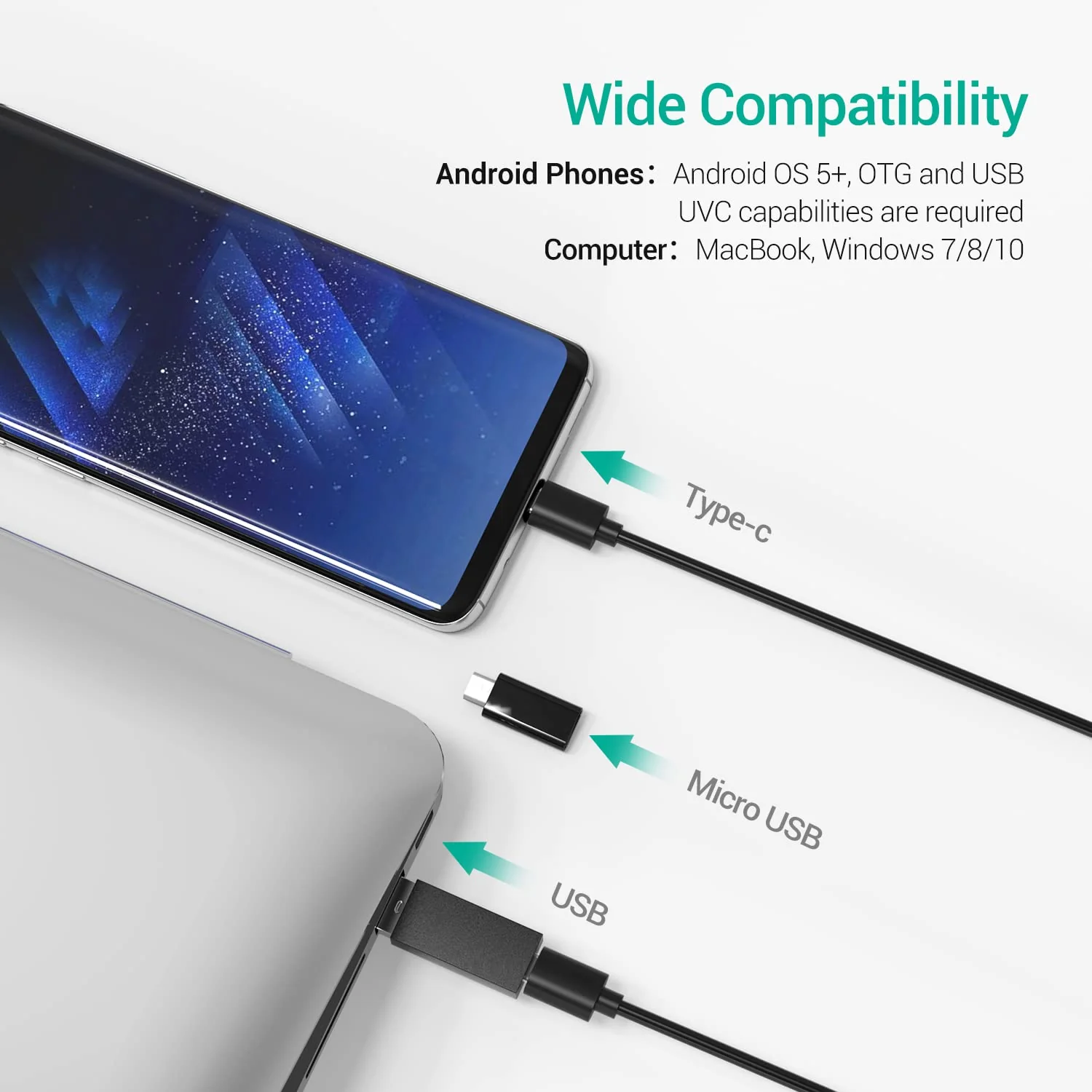 DEPSTECH USB Endoscope, 720P IP67 Waterproof Borescope, 5.5mm Snake Inspection Camera, Type-C Scope With 16.5ft Semi-Rigid Cable, 6 LED Lights, Compatible With OTG Android Phone, PC - Image 3