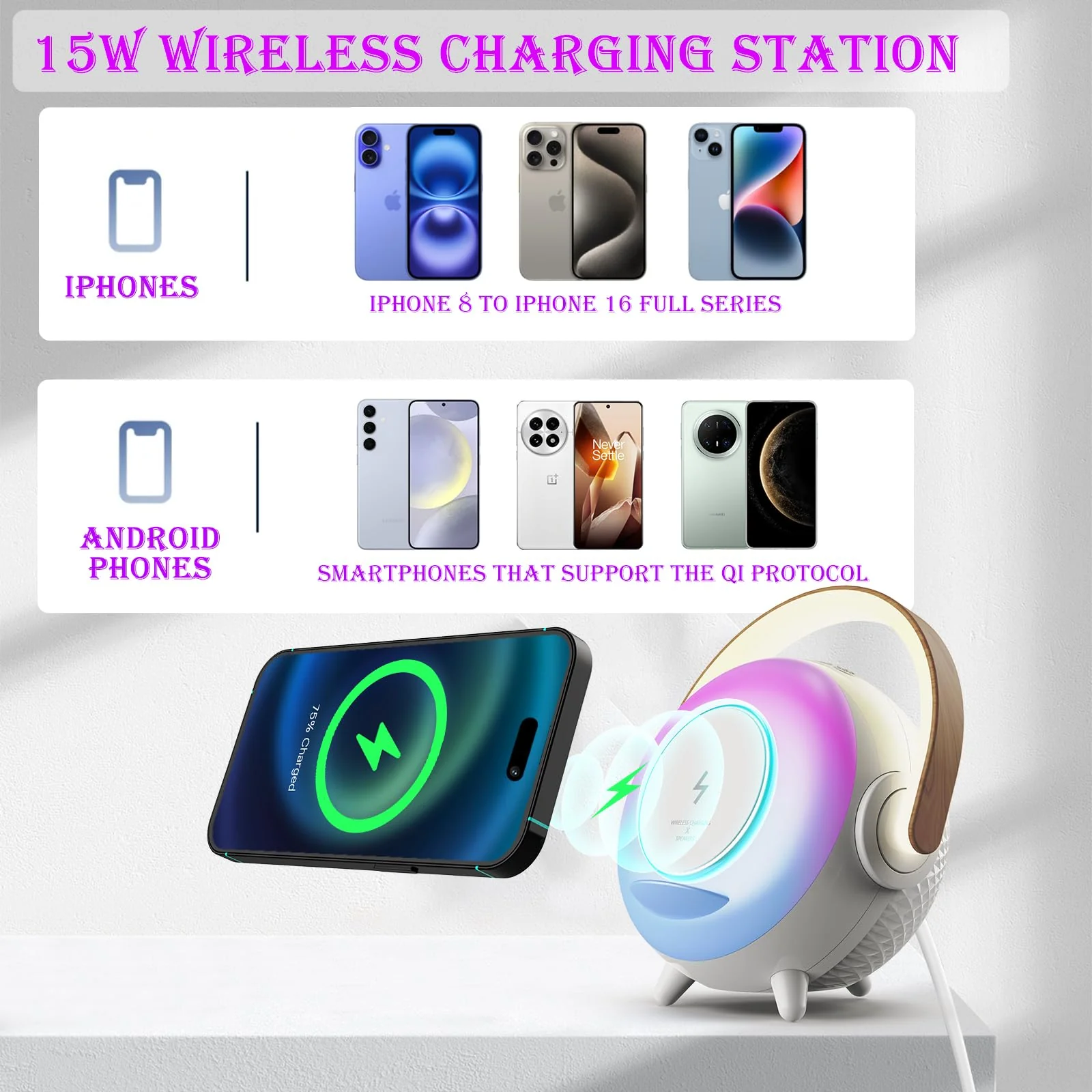 Depulat 6 in 1 Bluetooth Speaker, Microphone Karaoke, RGB Ambient Table Lamp, Dimmable Night Light, 15W Wireless Phone Charging Station, Phone Stand, Gifts for Teen Boy Girl Gifts Trendy Stuff PX-03 - Image 3